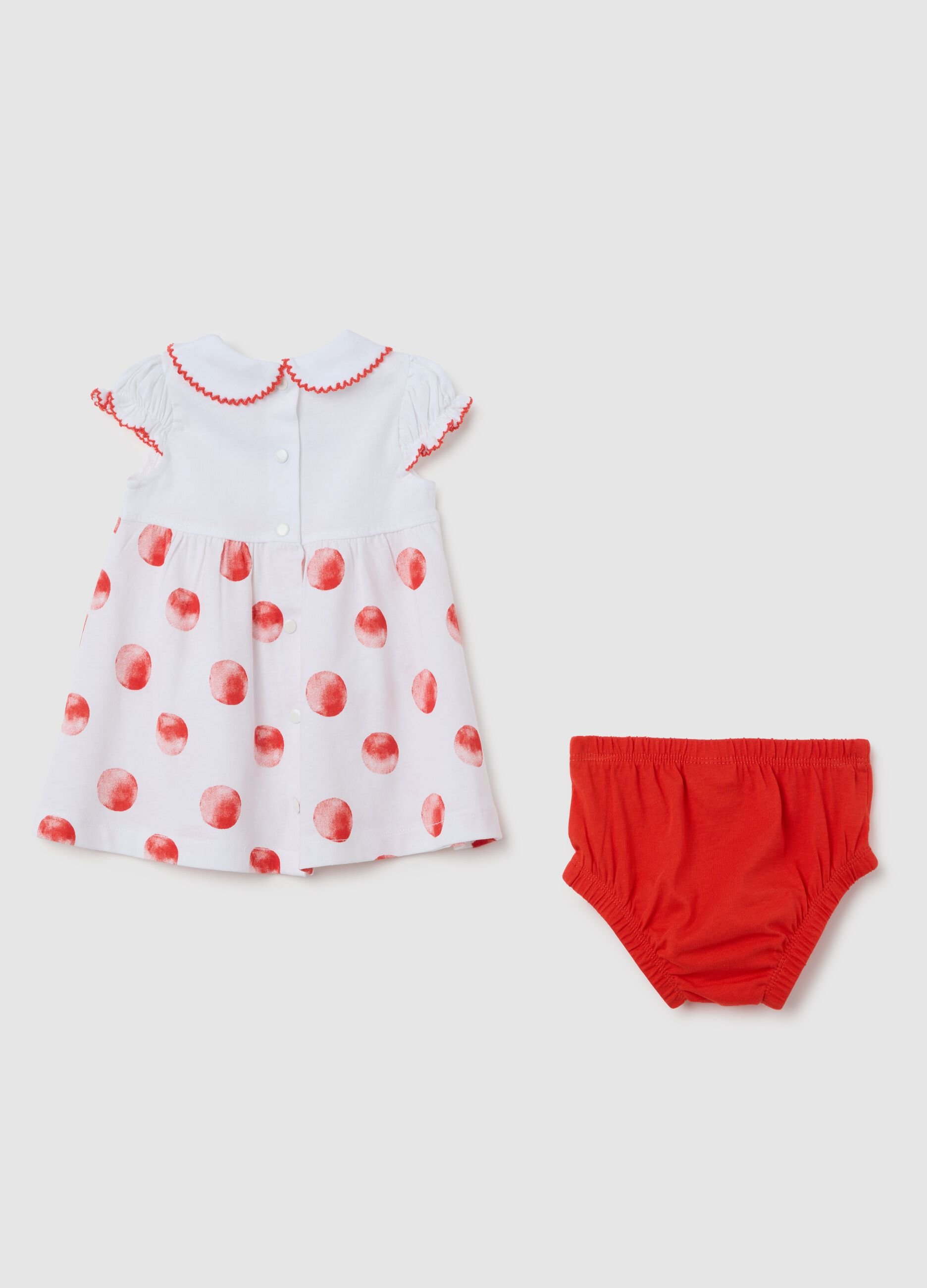 Abito da bambina in puro cotone bianco con pois rossi e dettagli rossi
