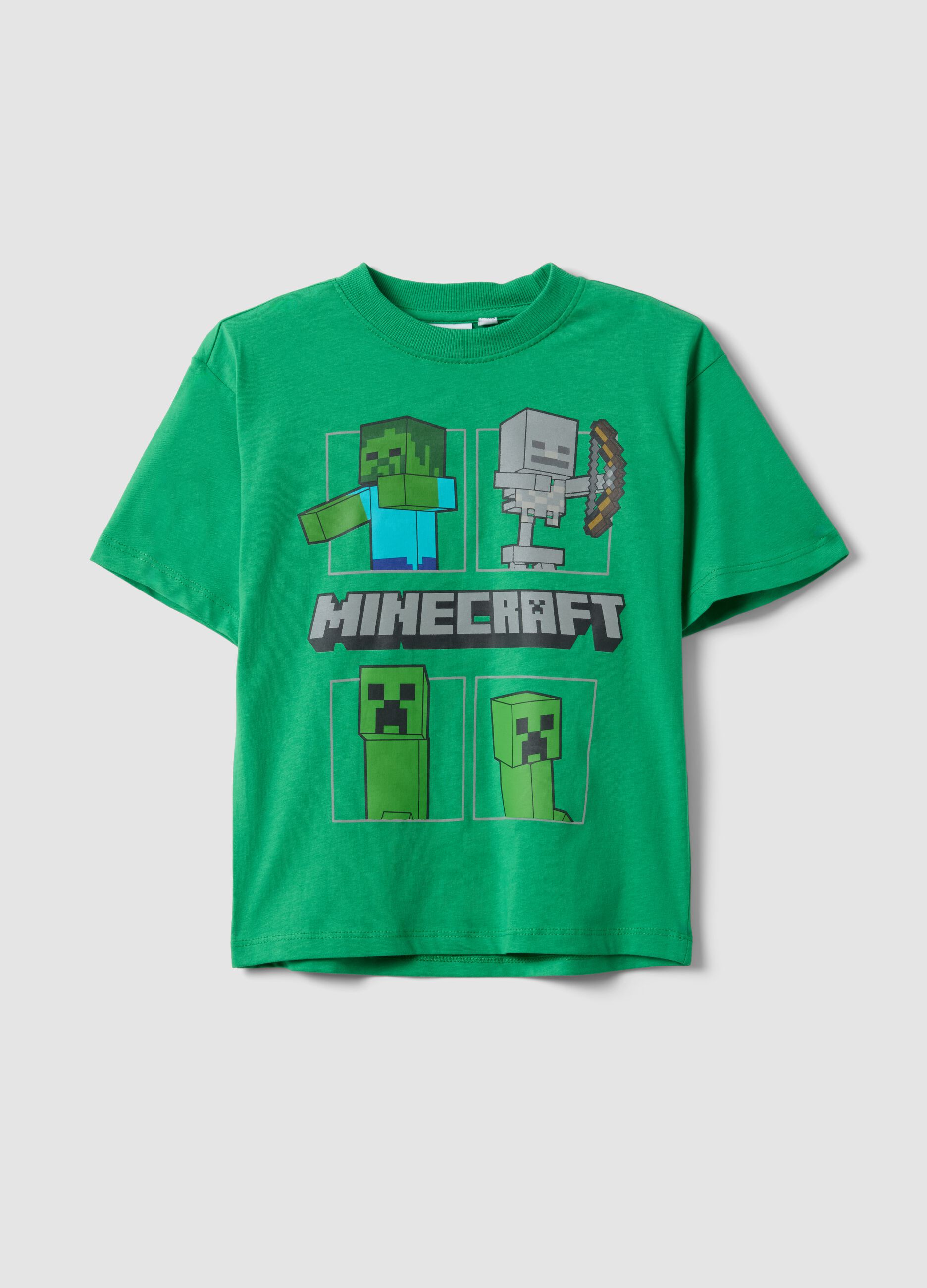 Green pure cotton kids&rsquo; T-shirt with Minecraft prints