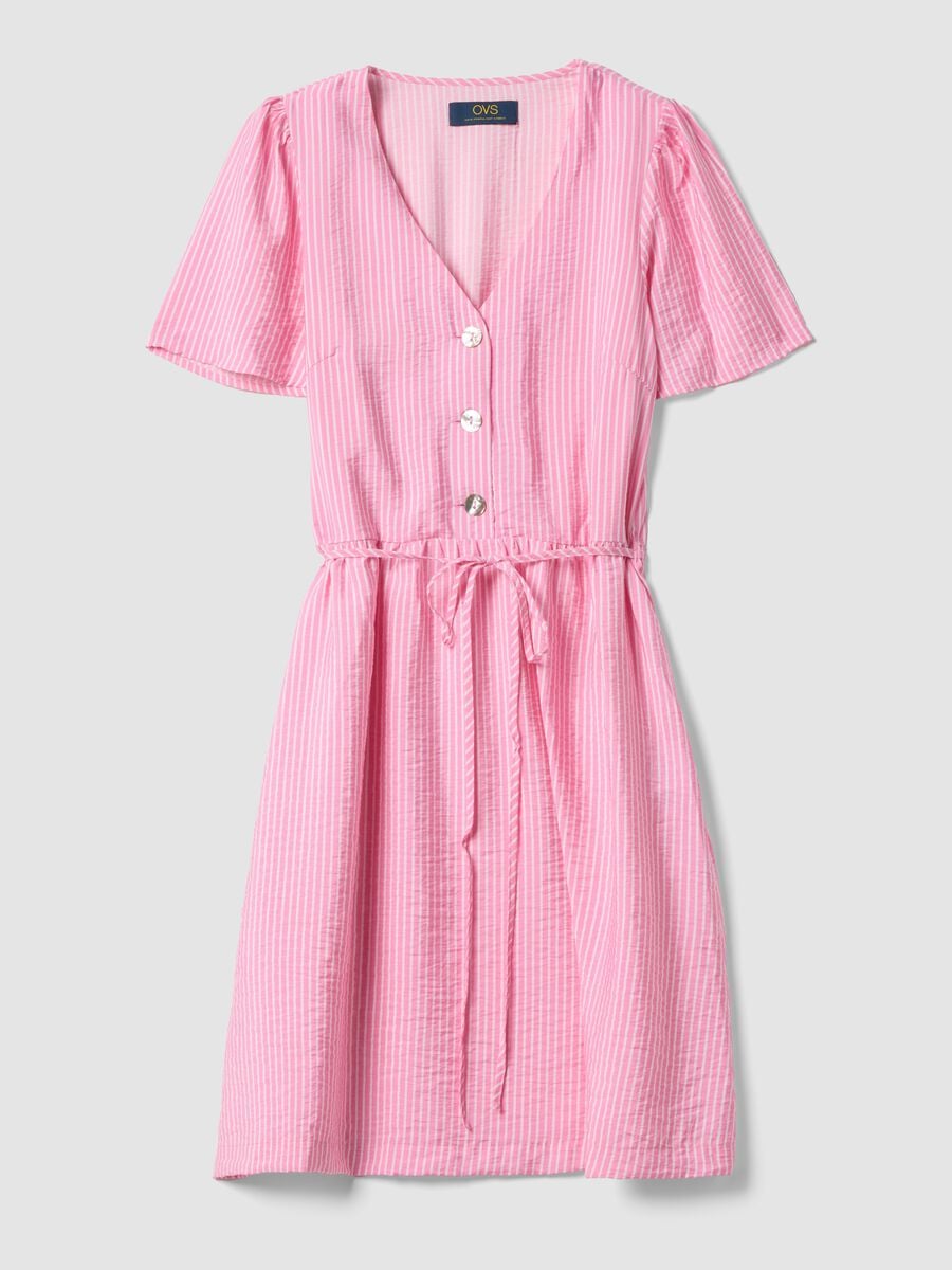 Abito rosa a righe in misto viscosa con scollo deep V_4