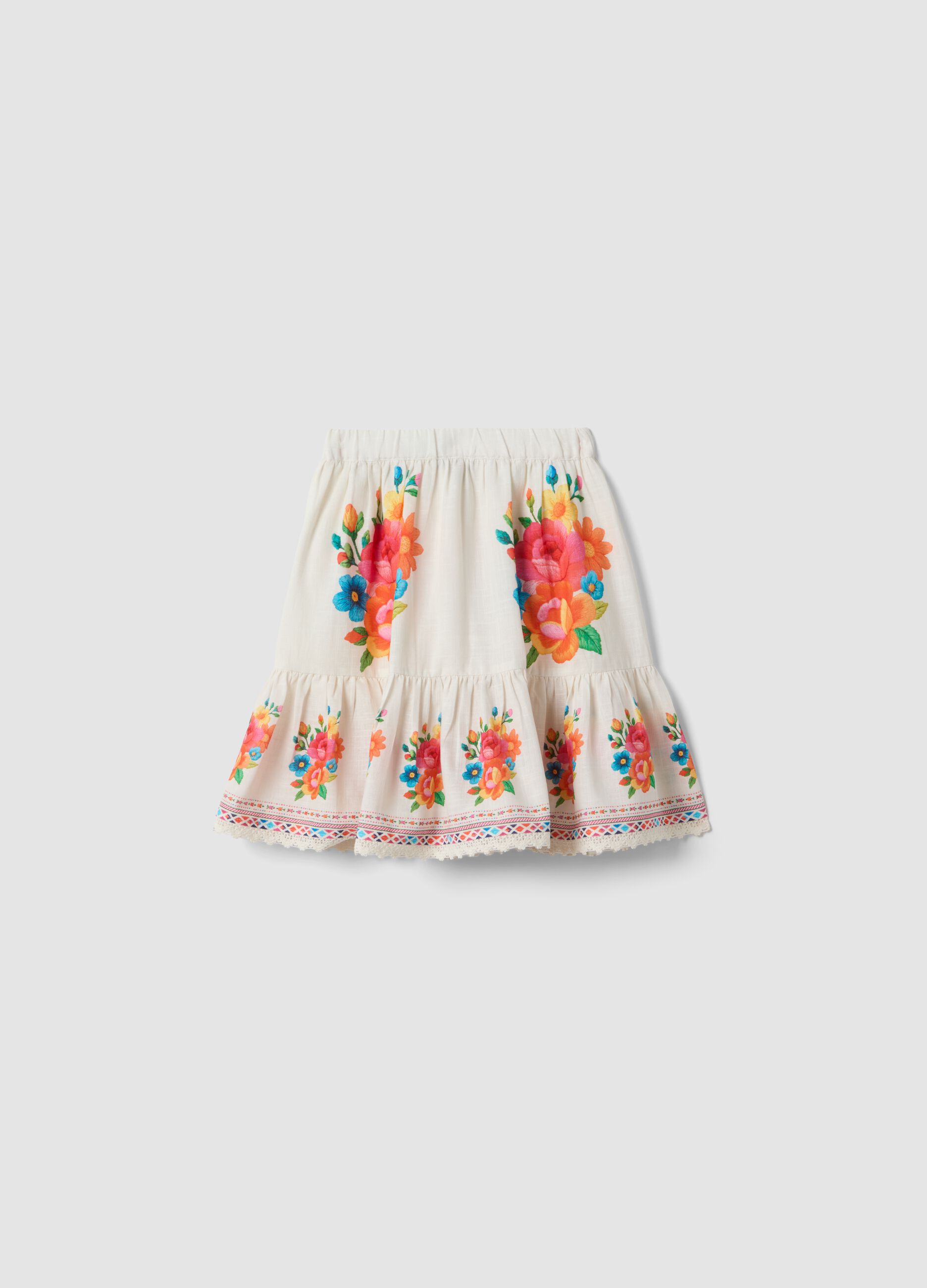 White pure cotton skirt with floral print