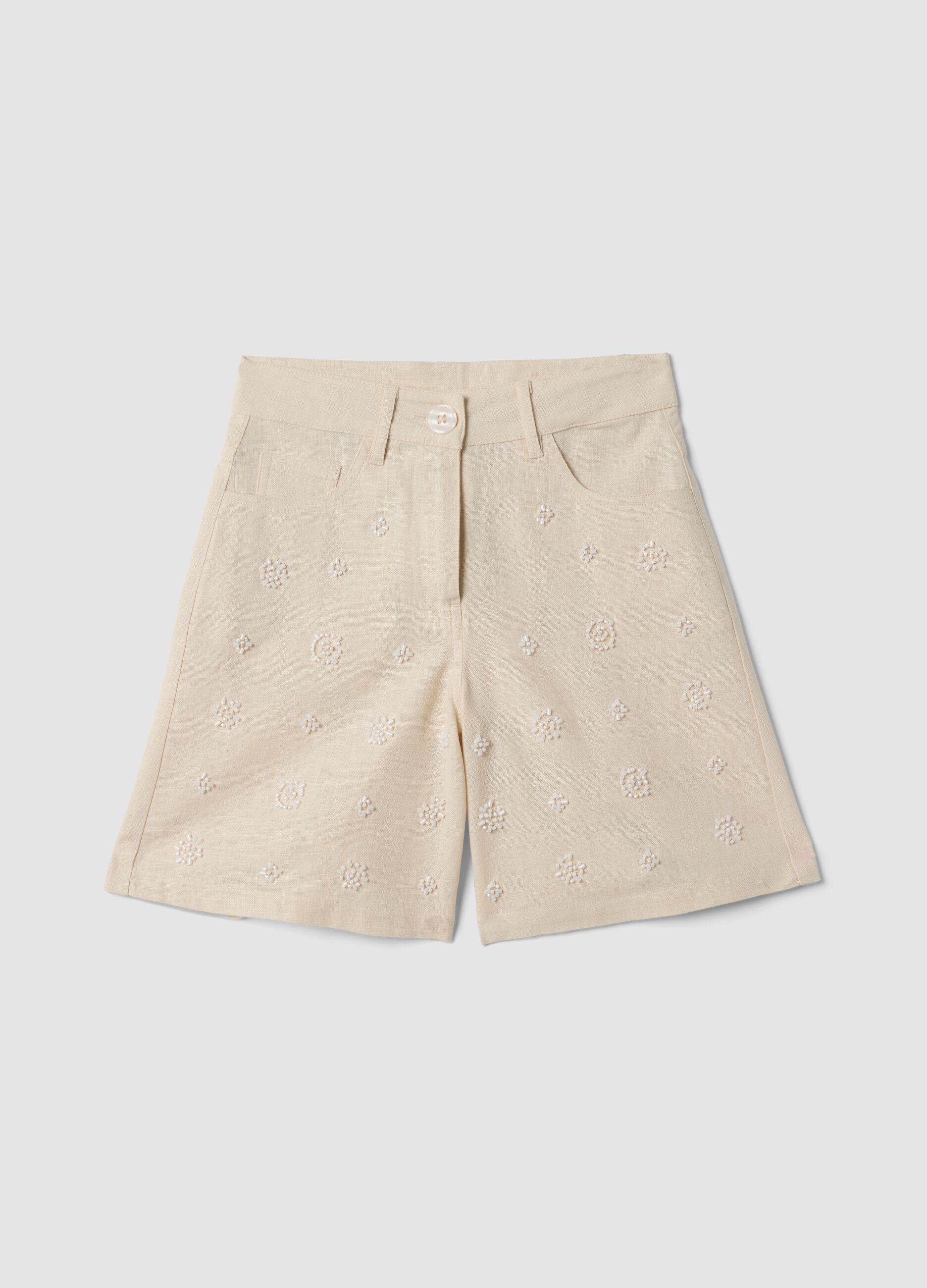 Shorts beige in misto cotone e lino con ricami