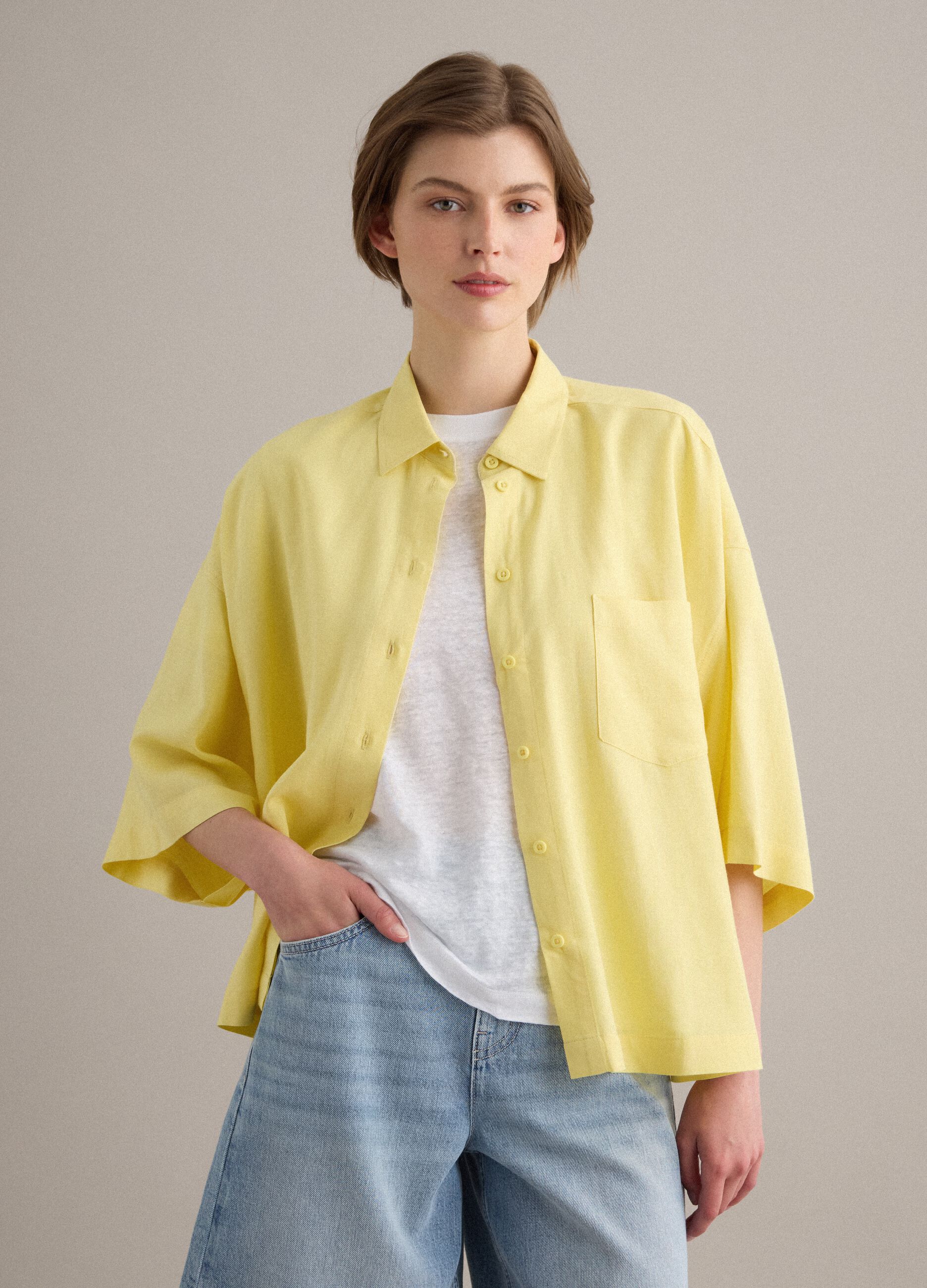 Yellow viscose-linen blend oversized shirt