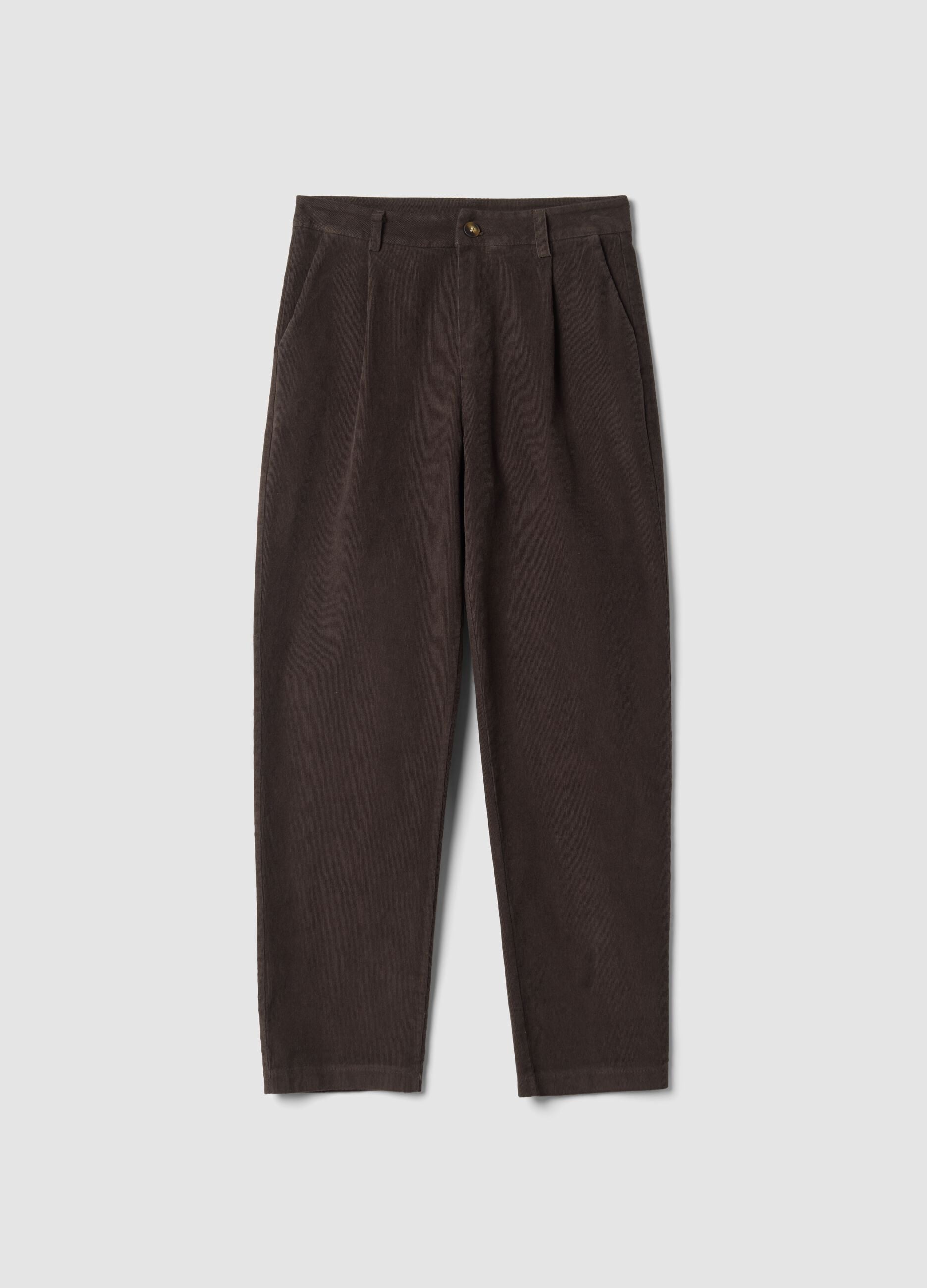 Brown ribbed regular-fit stretch cotton trousers