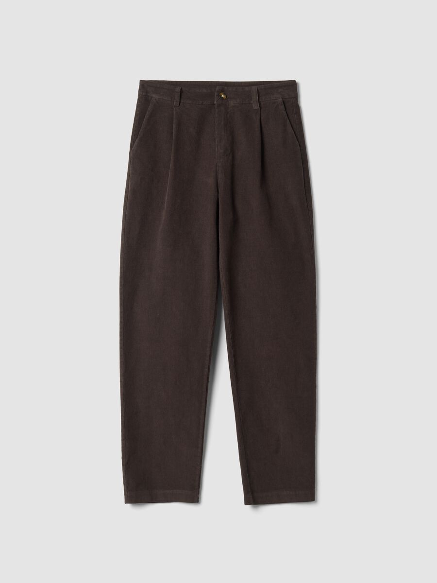 Brown ribbed regular-fit stretch cotton trousers_0