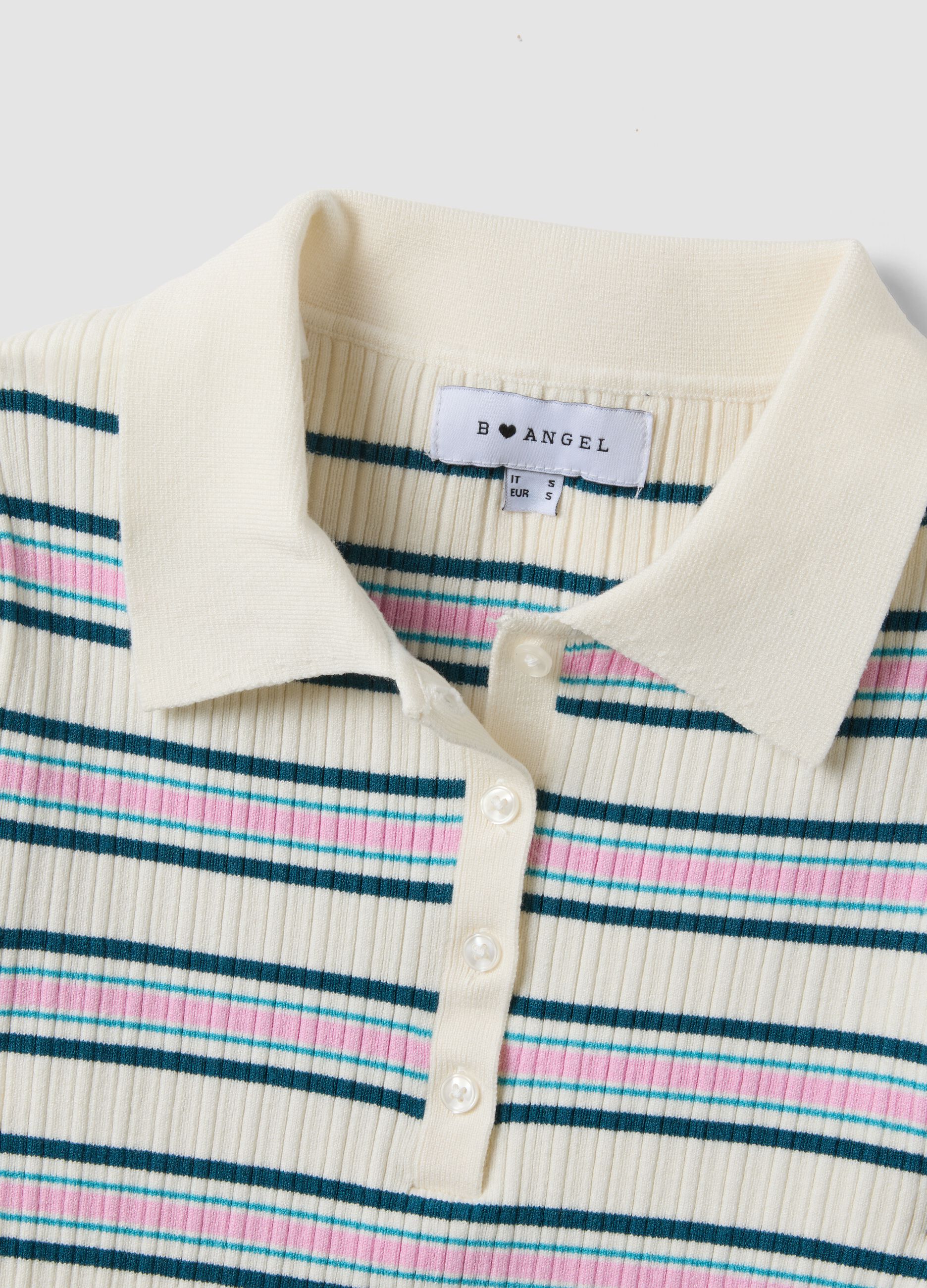 Fitted sweater in viscose blend with multicoloured stripes and polo collar
