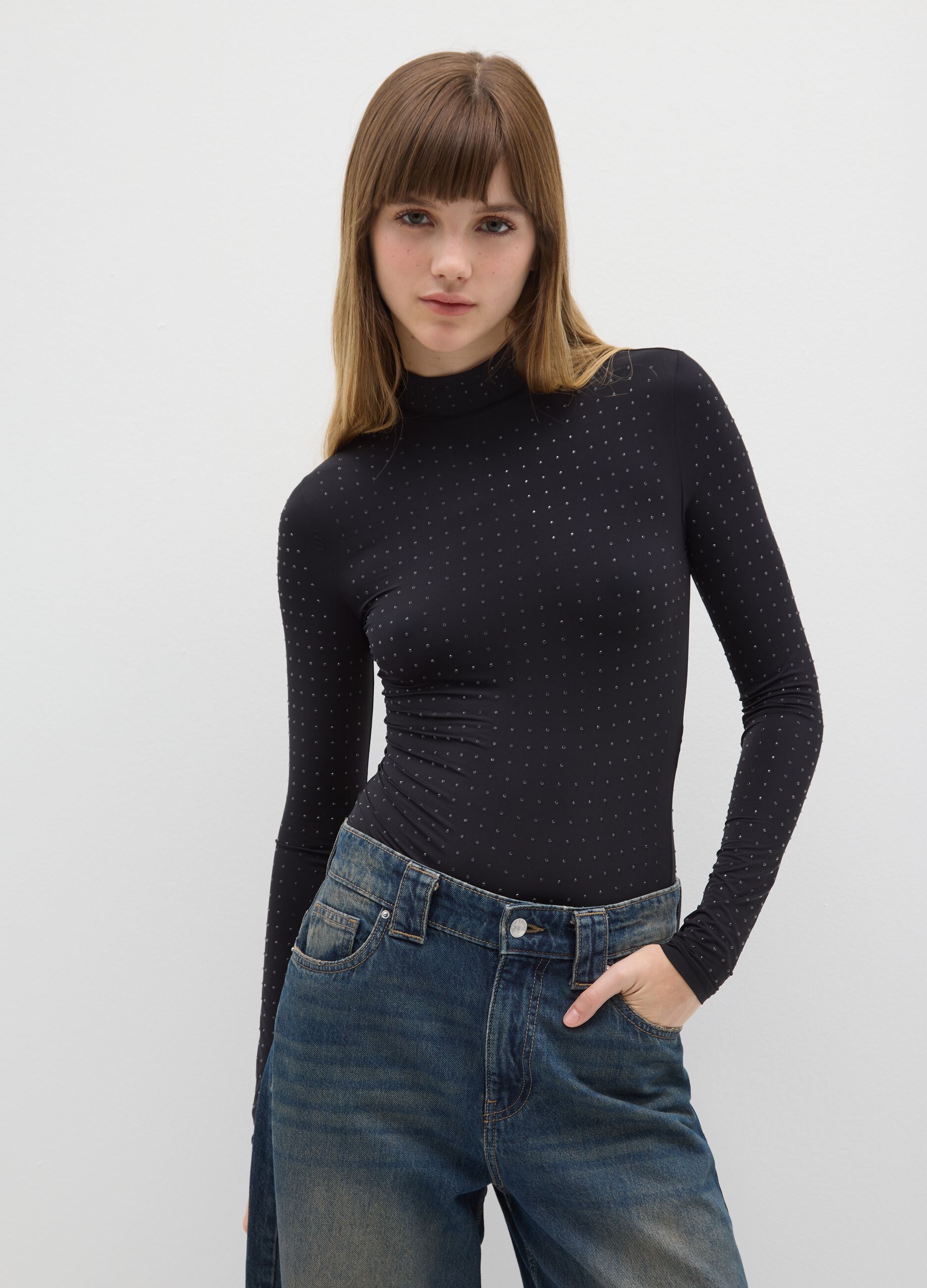 Black High-Neck Bodysuit with Glitter