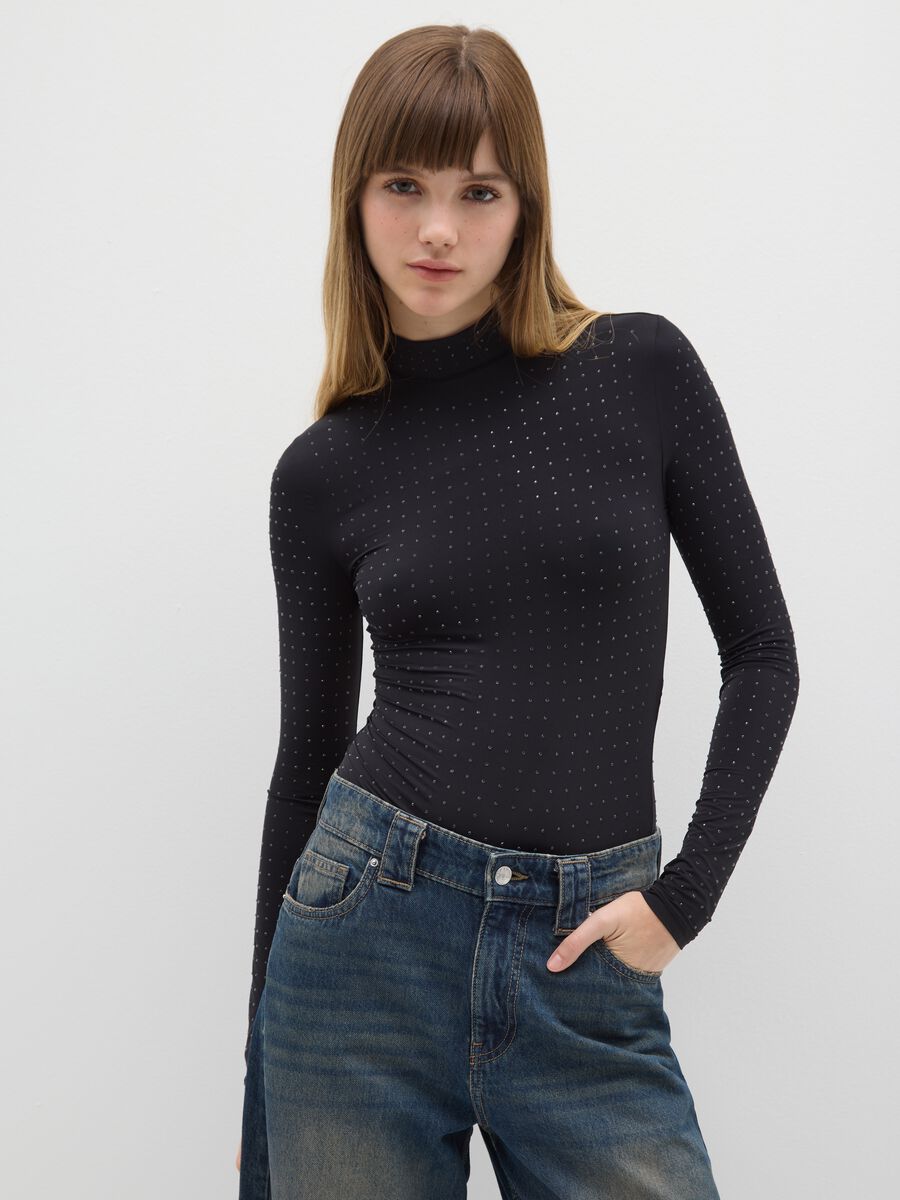 Black High-Neck Bodysuit with Glitter_0