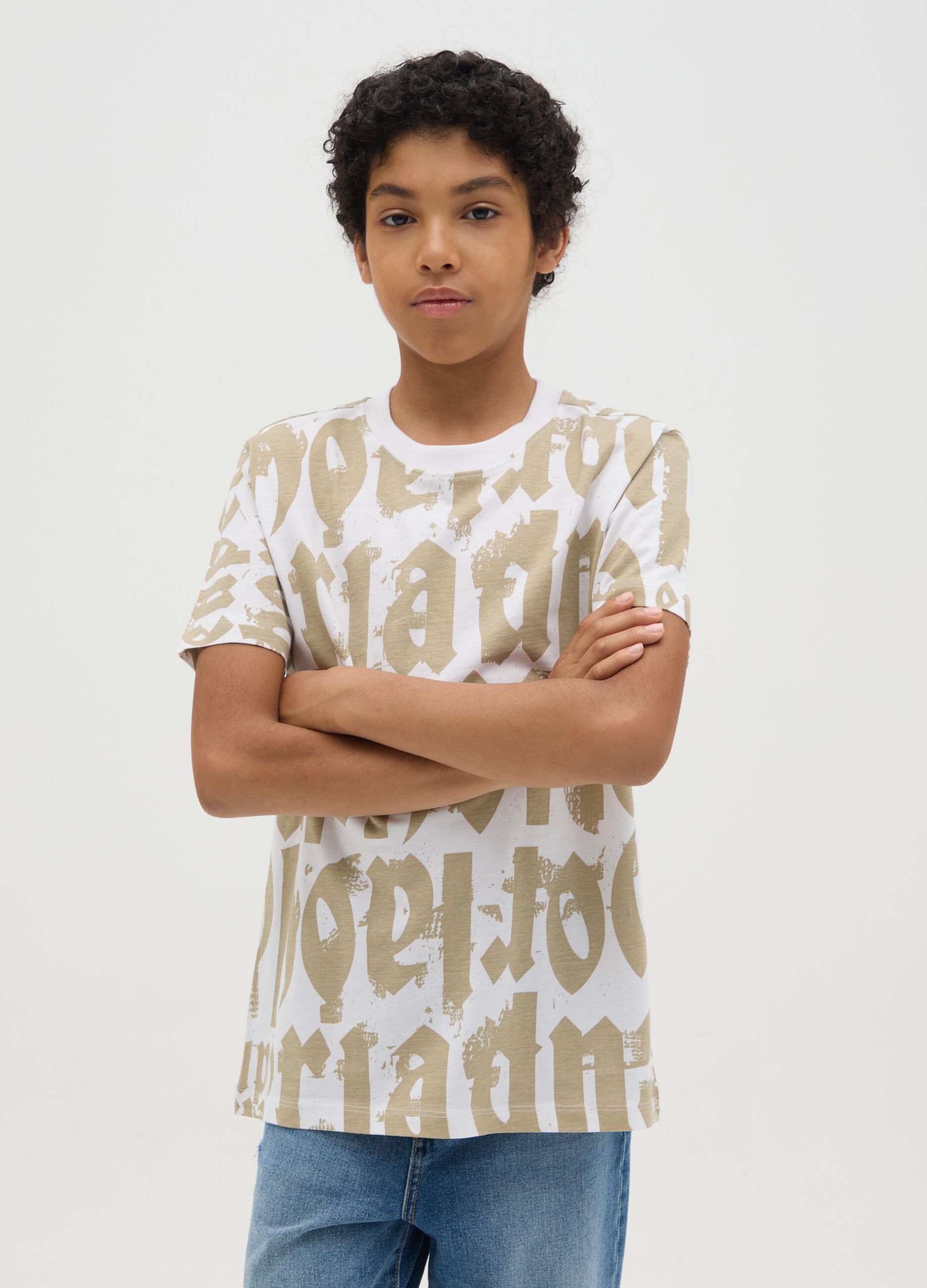 Short Sleeve T-shirt with Graffiti Effect Print in Cotton