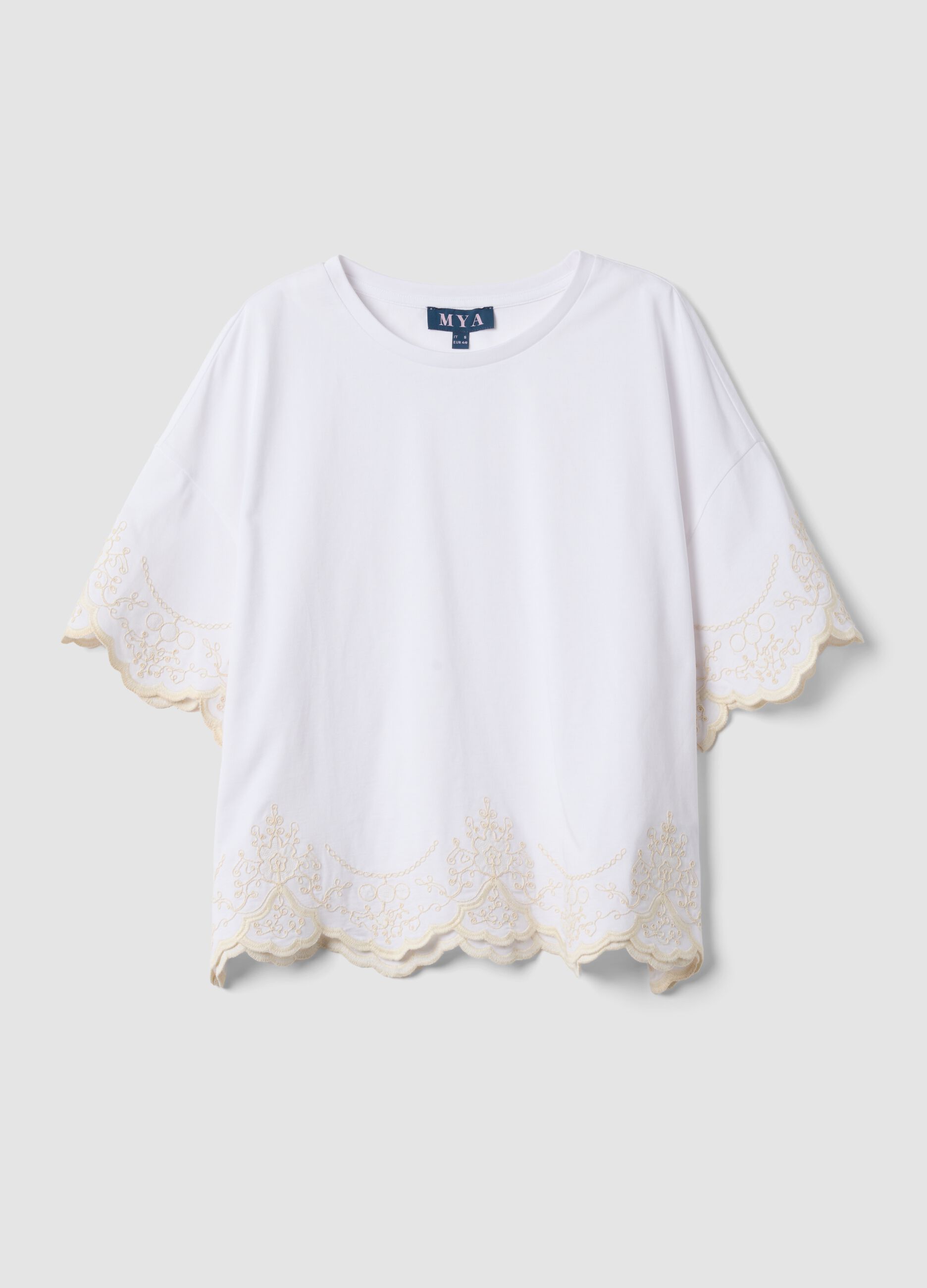 White pure cotton T-shirt with embroidery, regular fit