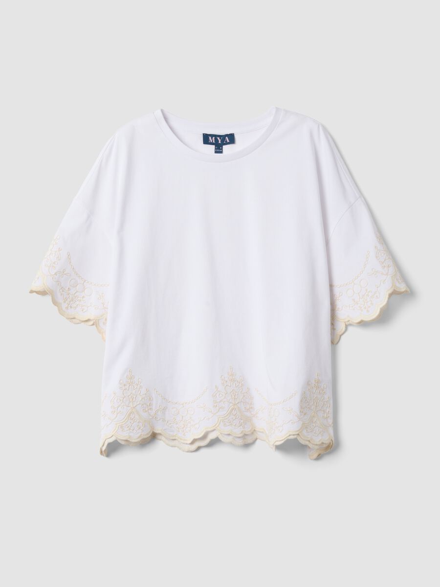 White pure cotton T-shirt with embroidery, regular fit_0