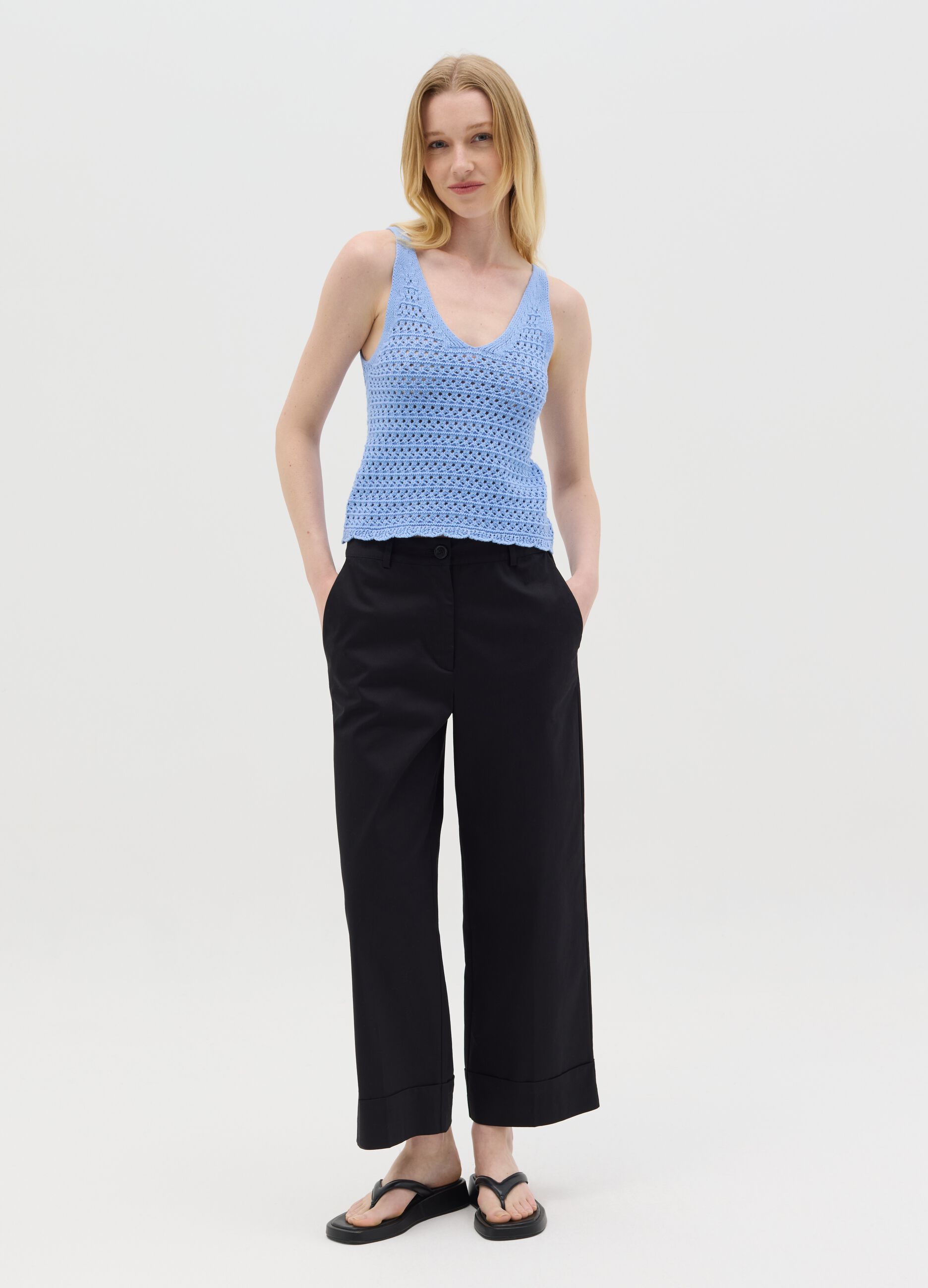Light blue crochet tank top with V neck