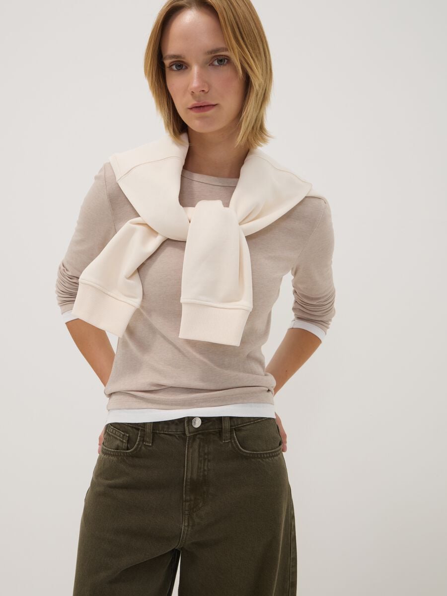 Beige cotton-blend crew-neck T-shirt_3