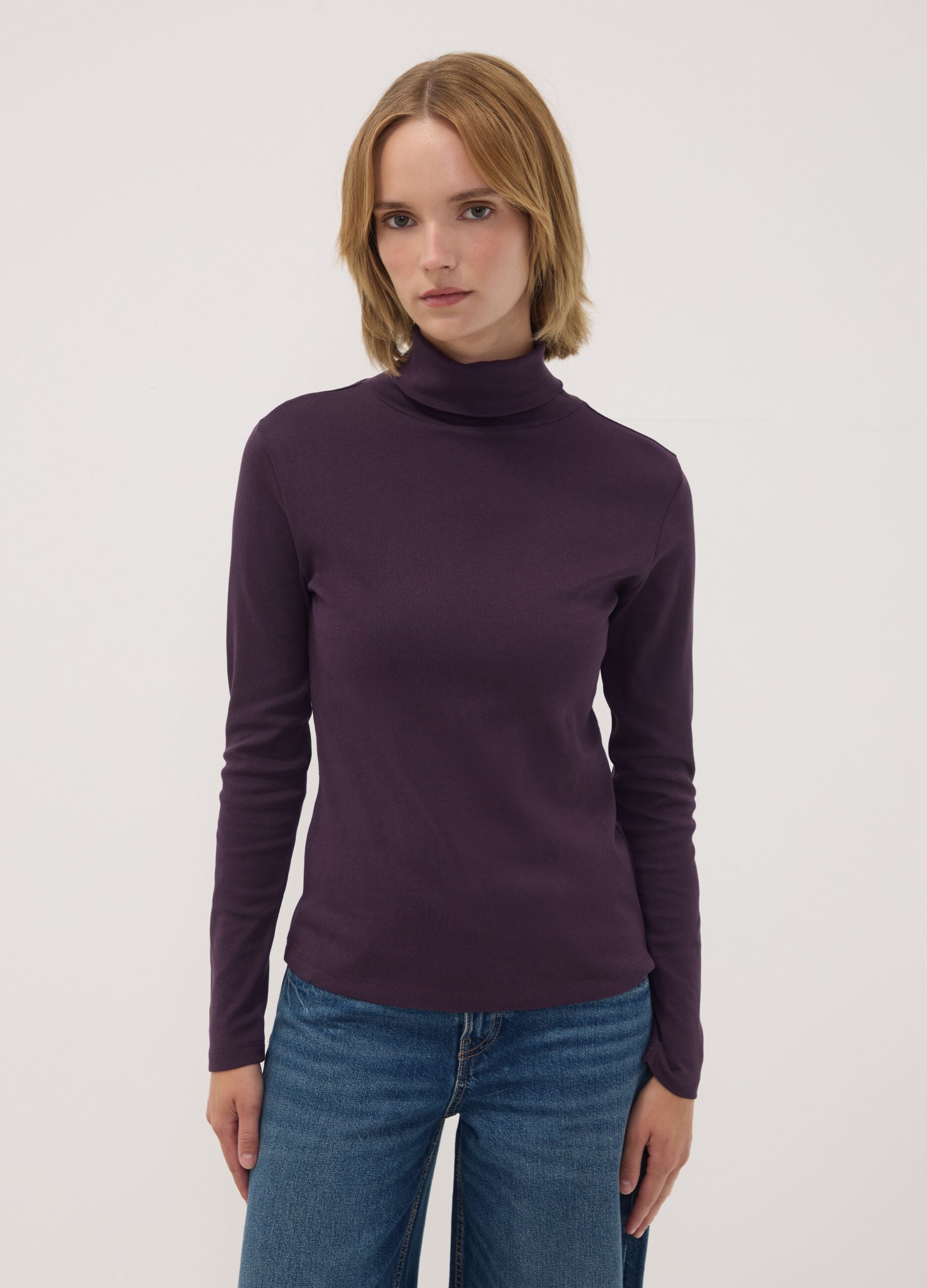 Purple pure cotton long-sleeve crew-neck top