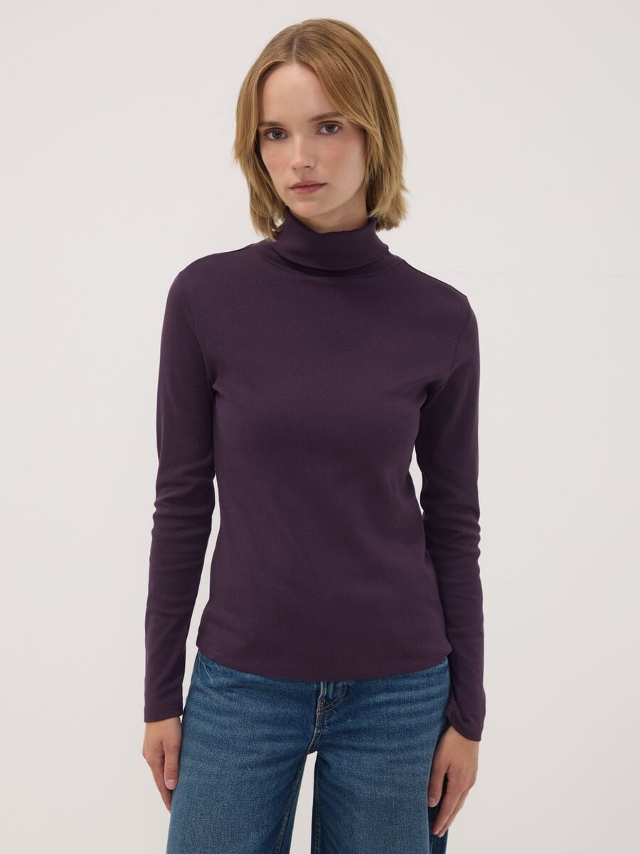 Maglia viola in puro cotone con girocollo a maniche lunghe_0