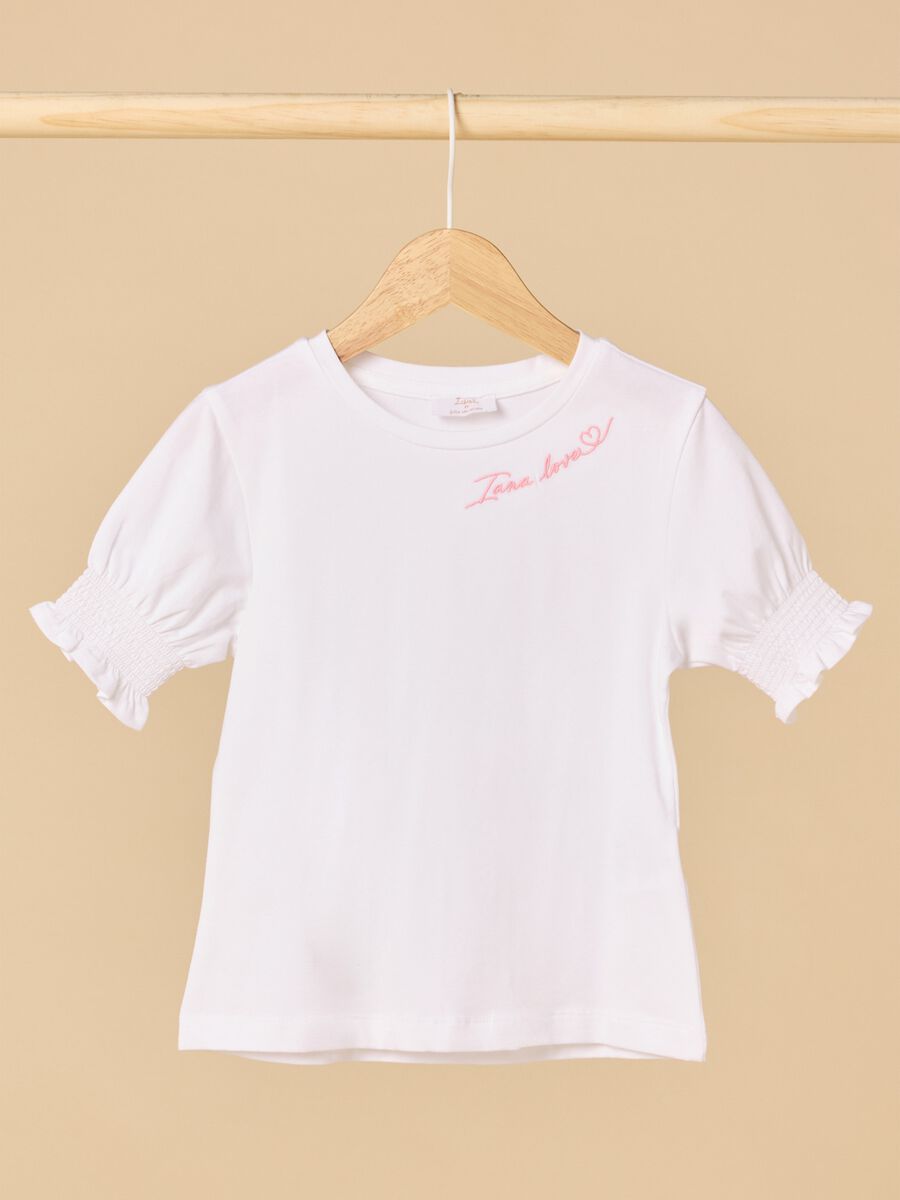 Stretch cotton t-shirt with embroideries and smock._0