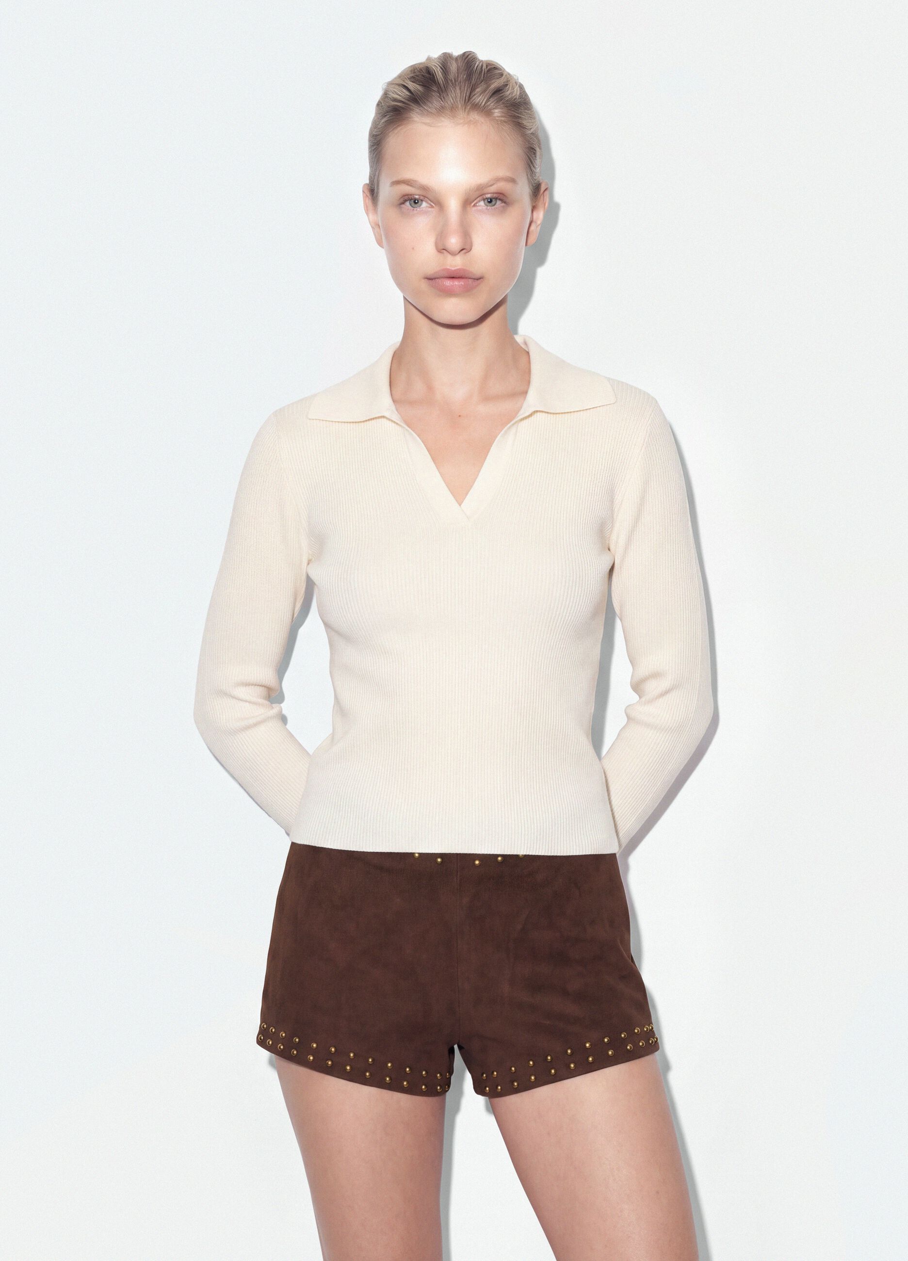 White viscose-blend fitted polo-collar top