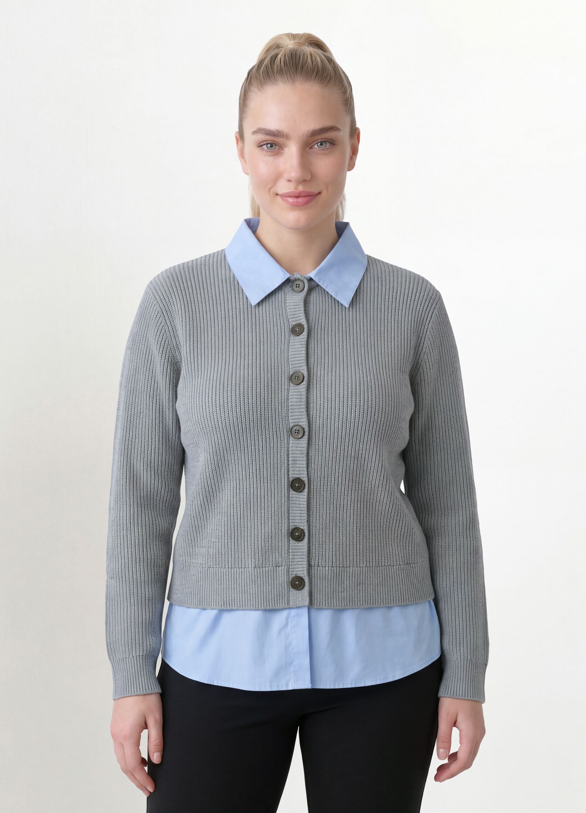 Cardigan grigio con colletto regular fit a coste effetto doppio strato