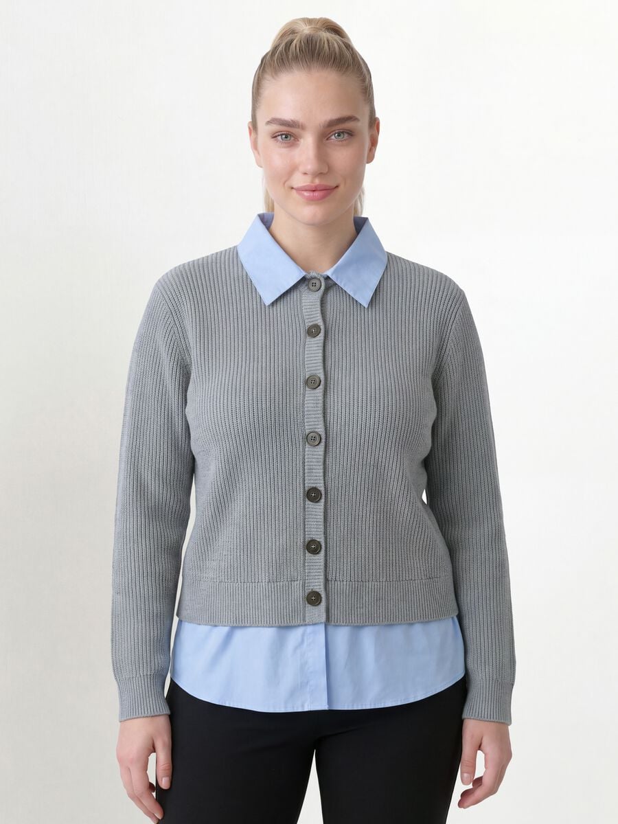 Cardigan grigio con colletto regular fit a coste effetto doppio strato_0