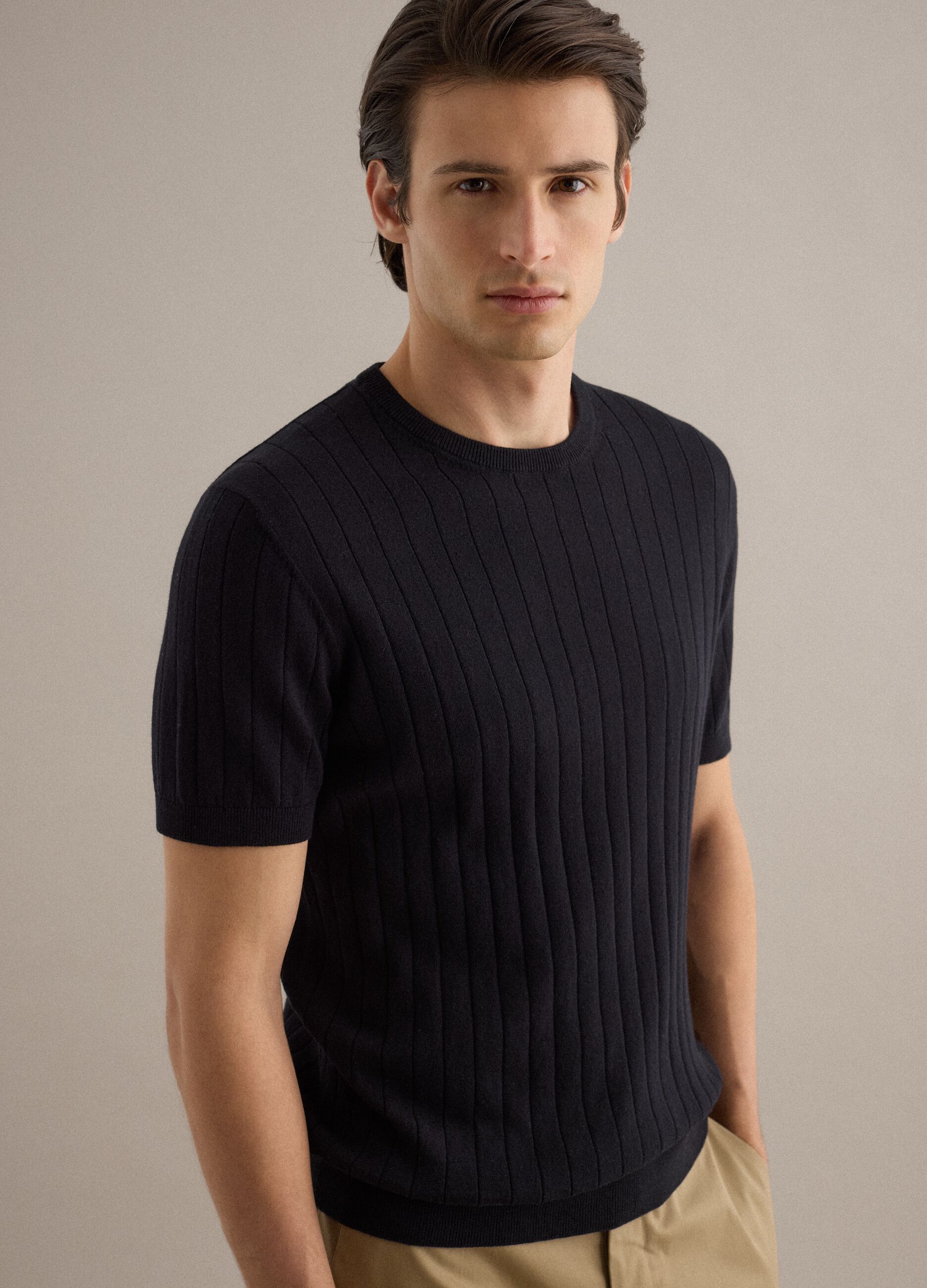 Black striped pure cotton T-shirt in regular fit