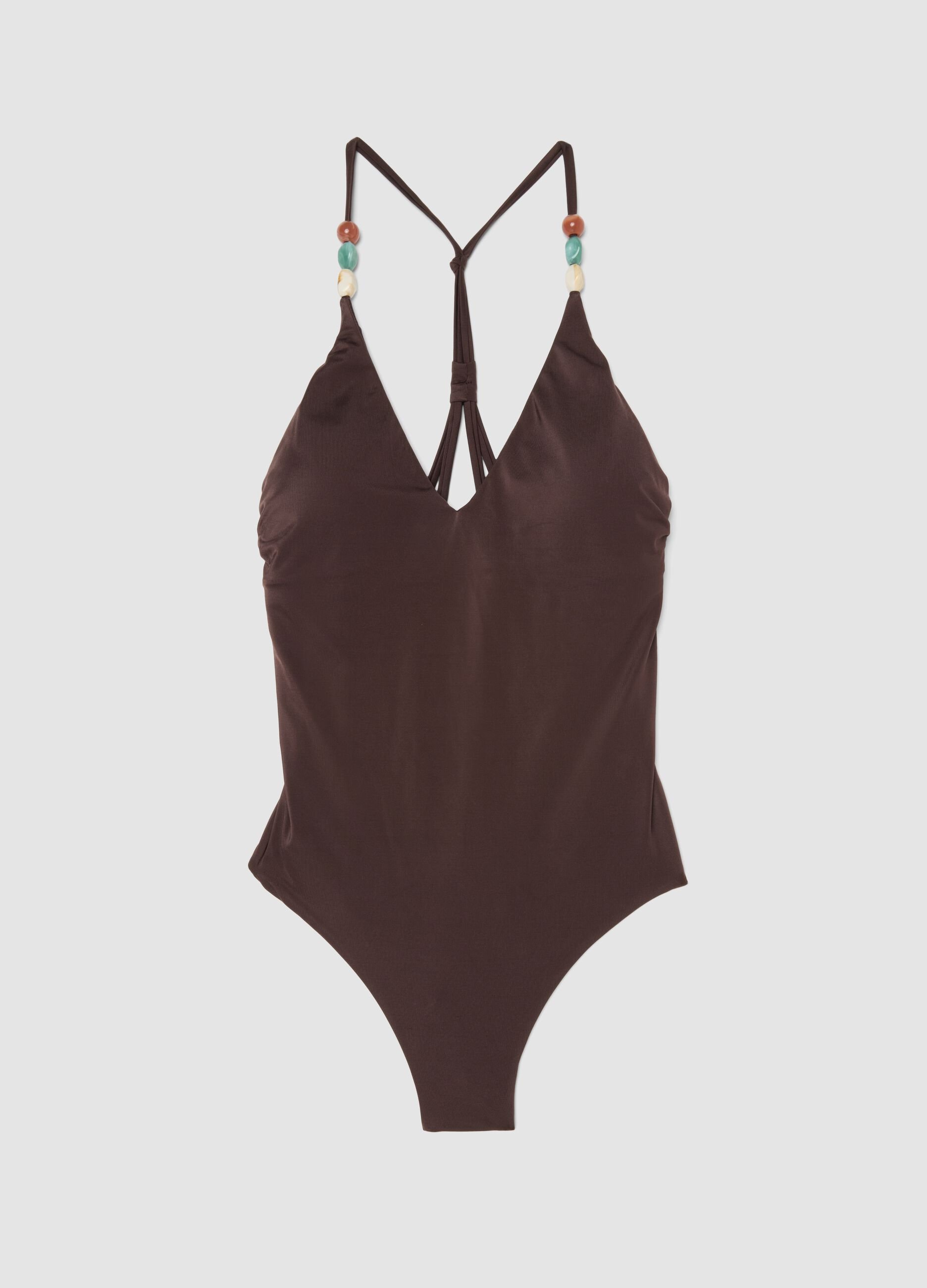 Brown stretch swimsuit with embellished straps