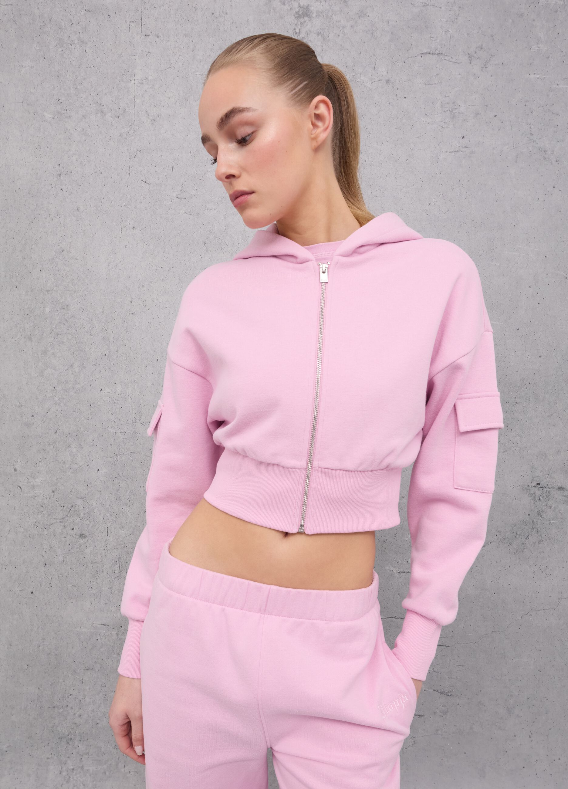 Crop Cargo Zip Hoodie Light Pink