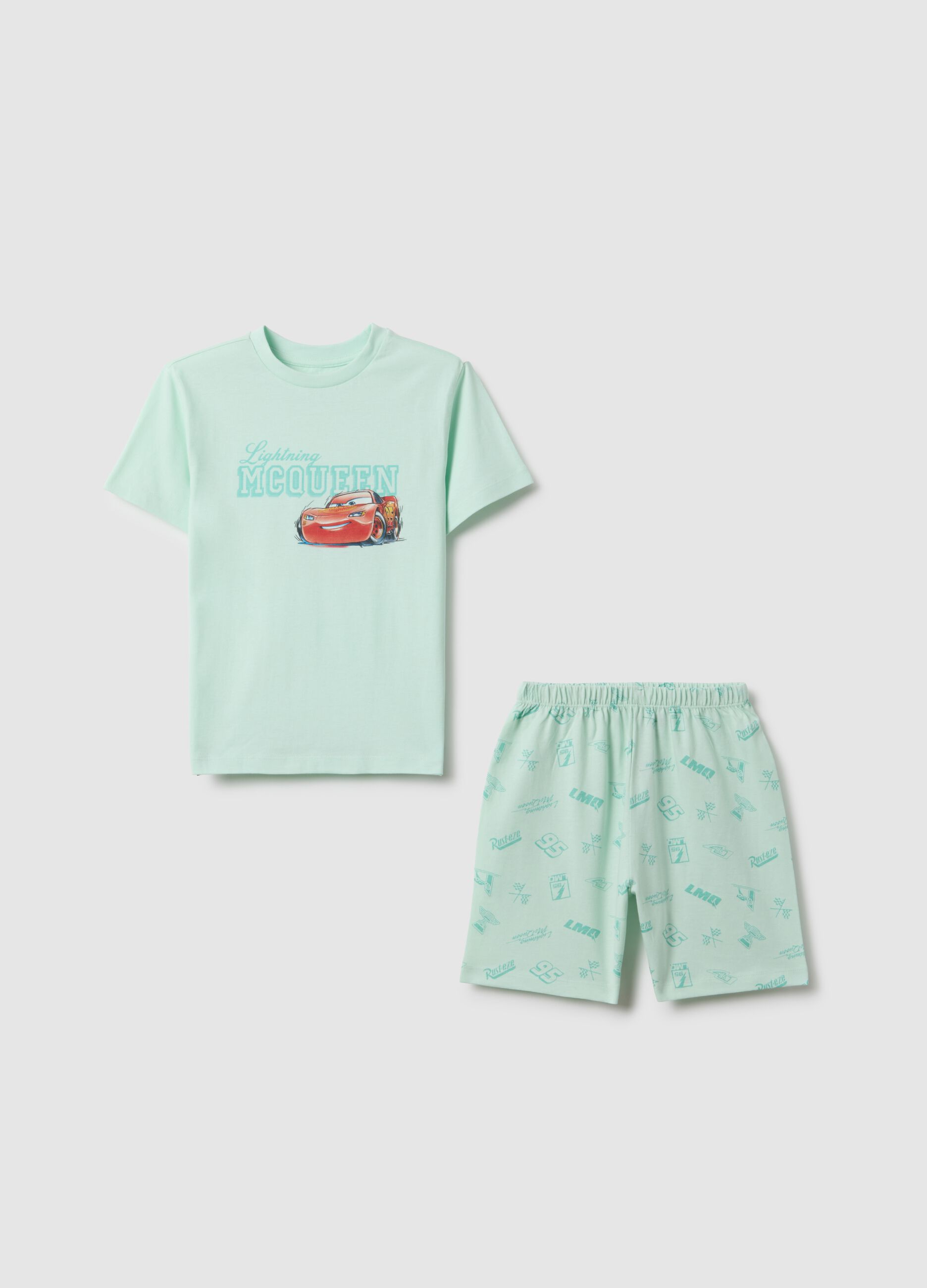 Children's green short pyjamas in pure cotton, regular fit with prints