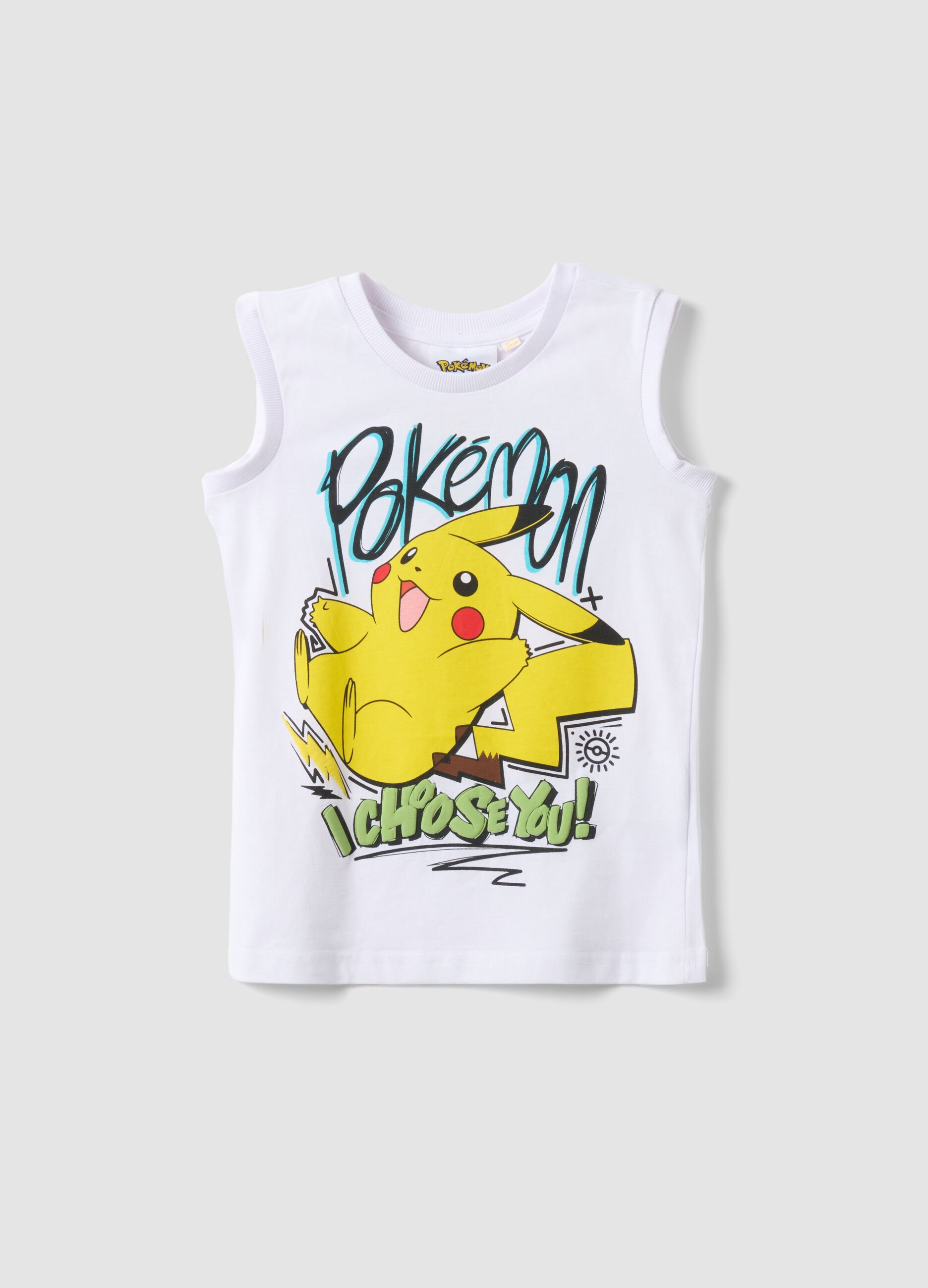 Child's white pure cotton tank top oversized fit with Pikachu