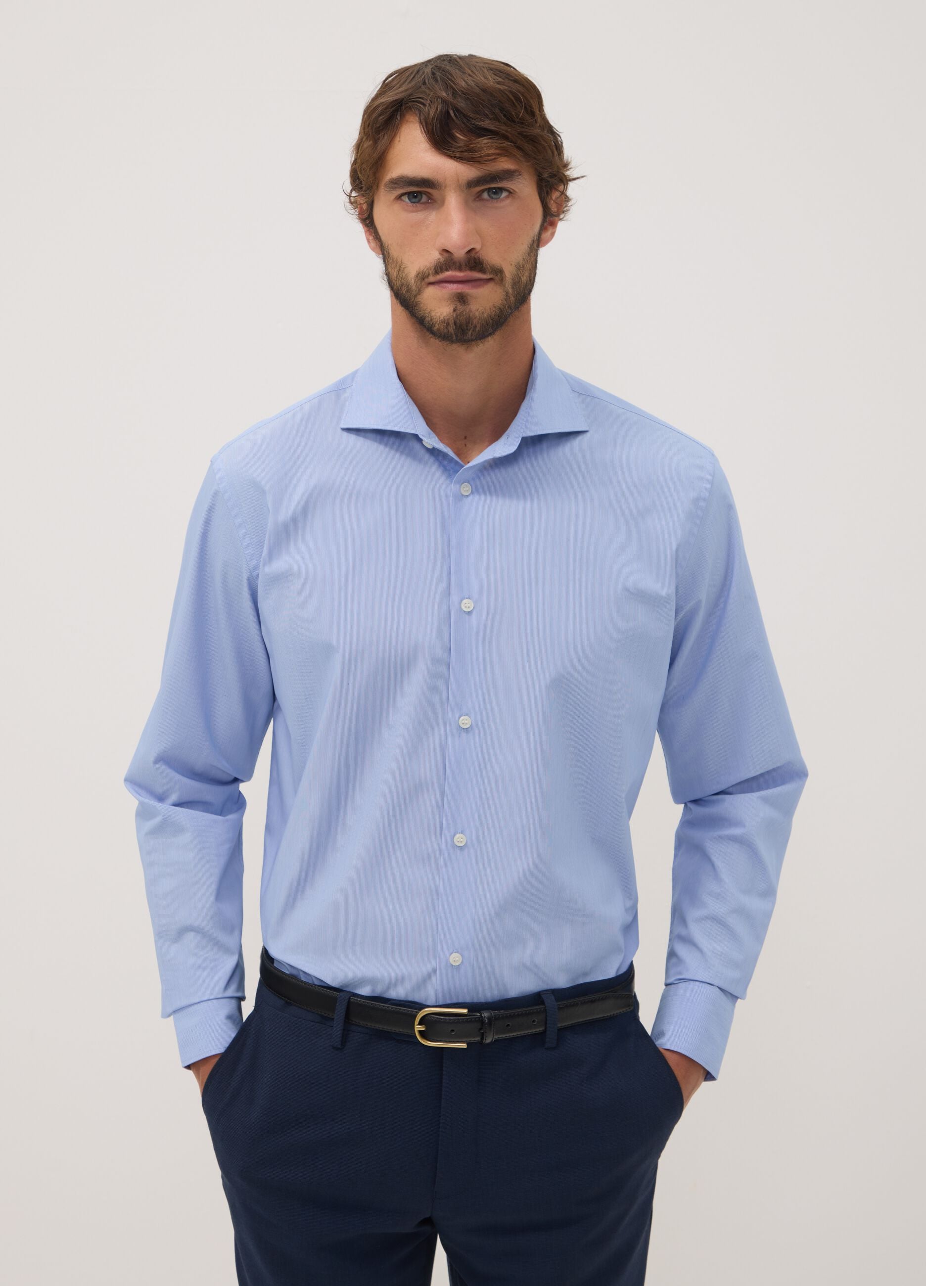 Camicia azzurra e bianca in misto lyocell easy iron regular fit