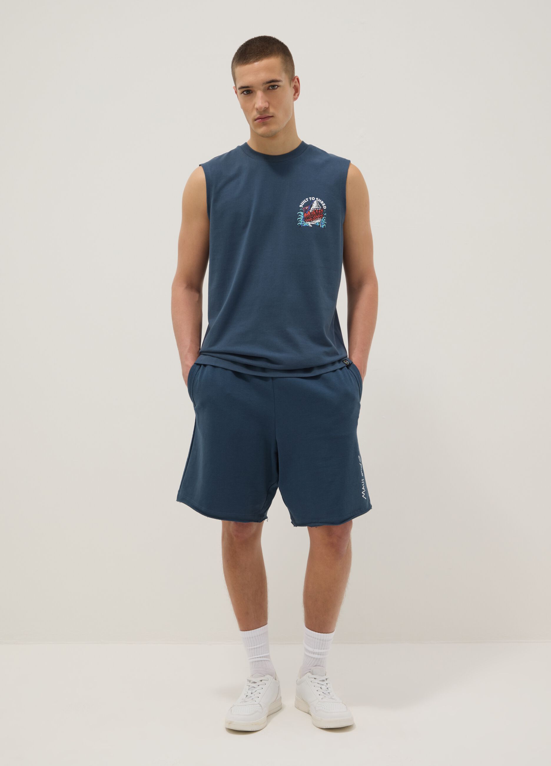 Blue pure cotton regular-fit vest top with print