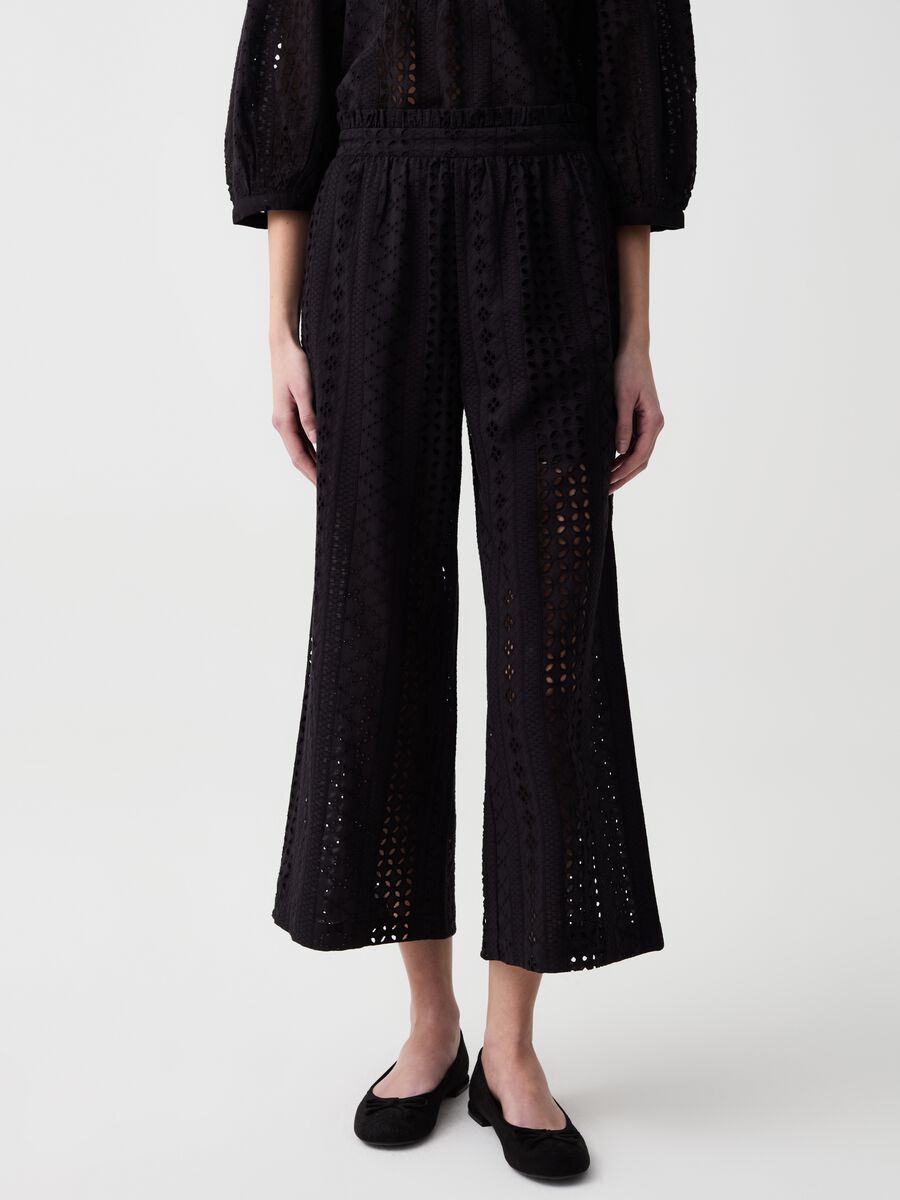 Wide-leg cropped trousers in broderie anglaise_1