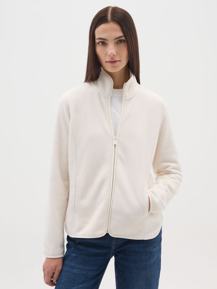 White fitted high-neck fleece sweatshirt with zip_0