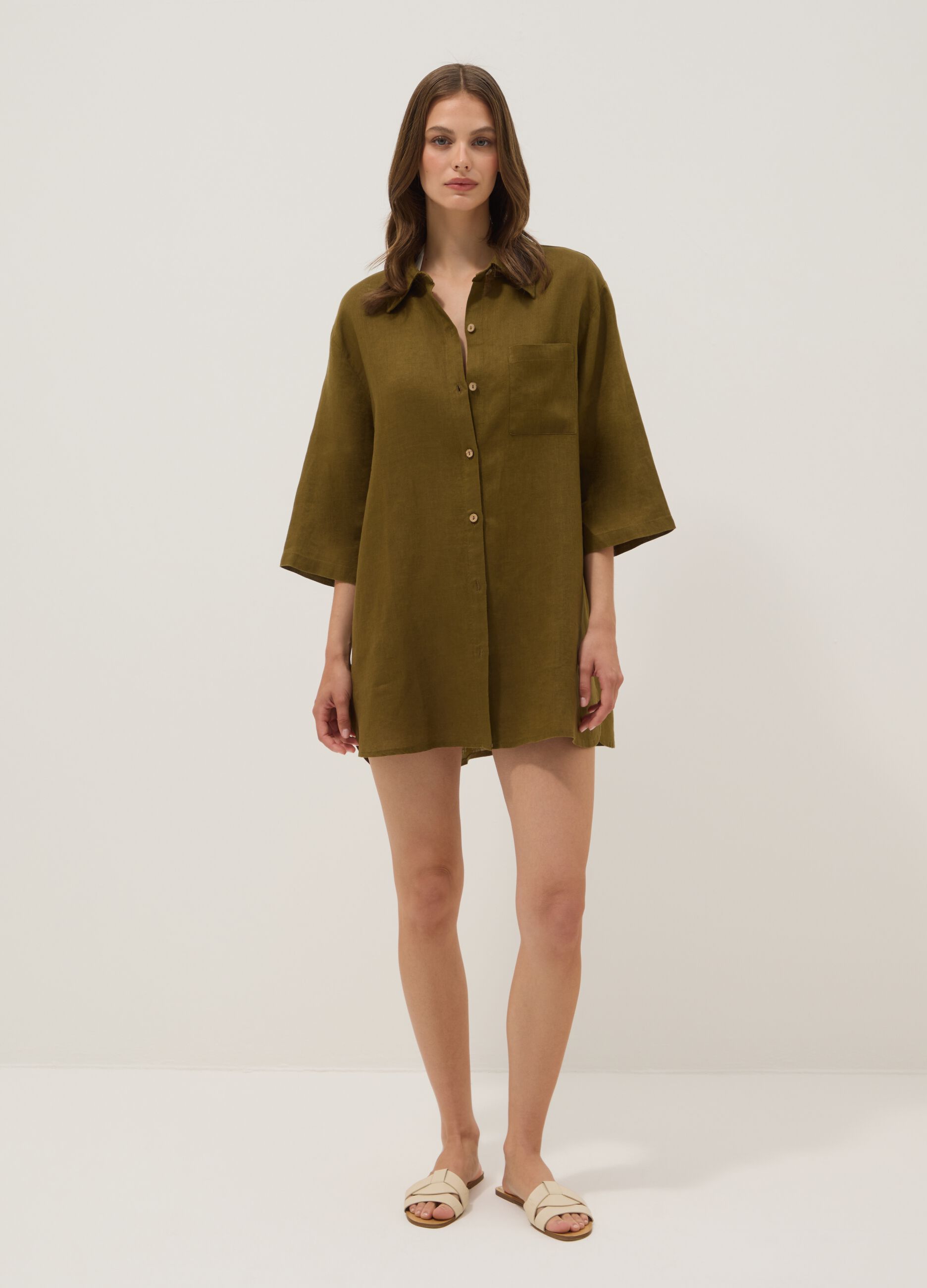Green pure linen beach cover-up
