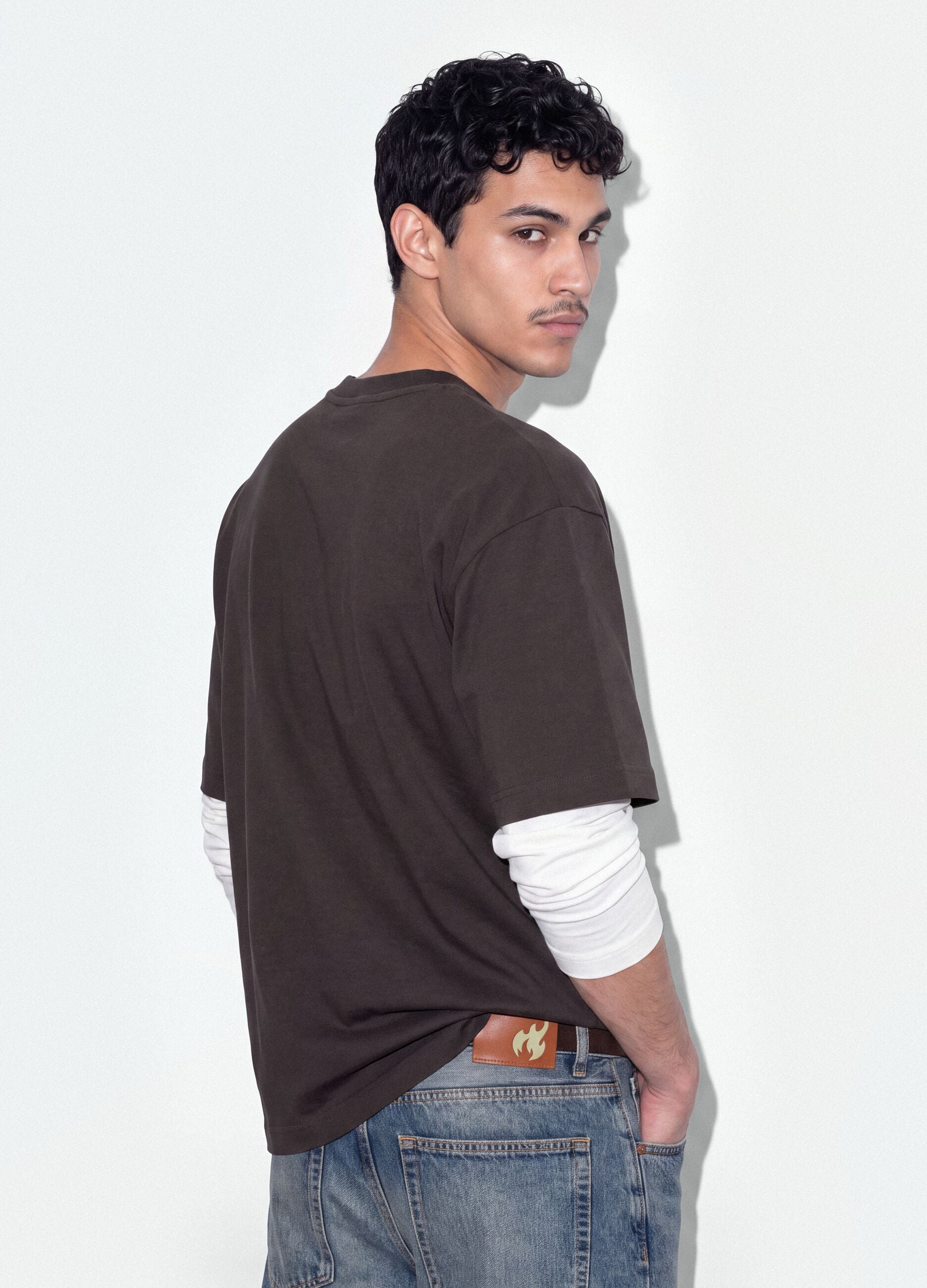 Brown cropped pure cotton T-shirt with front print, boxy fit