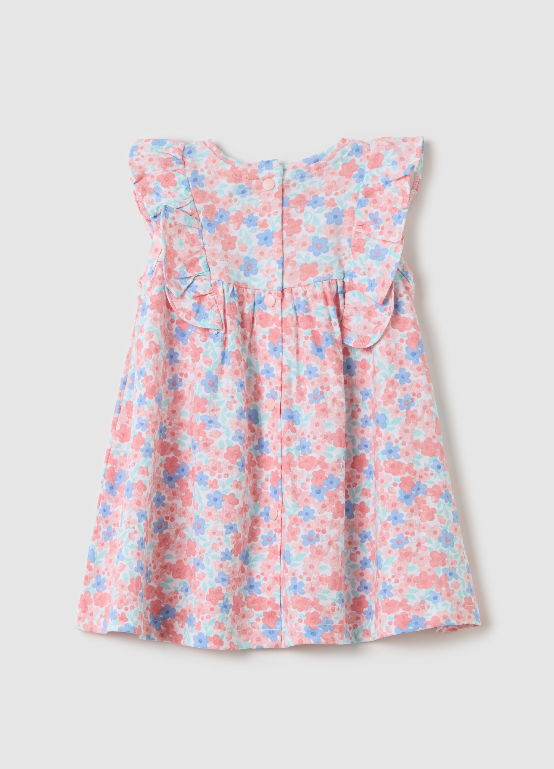 Pink and light blue cotton dress with small flowers print