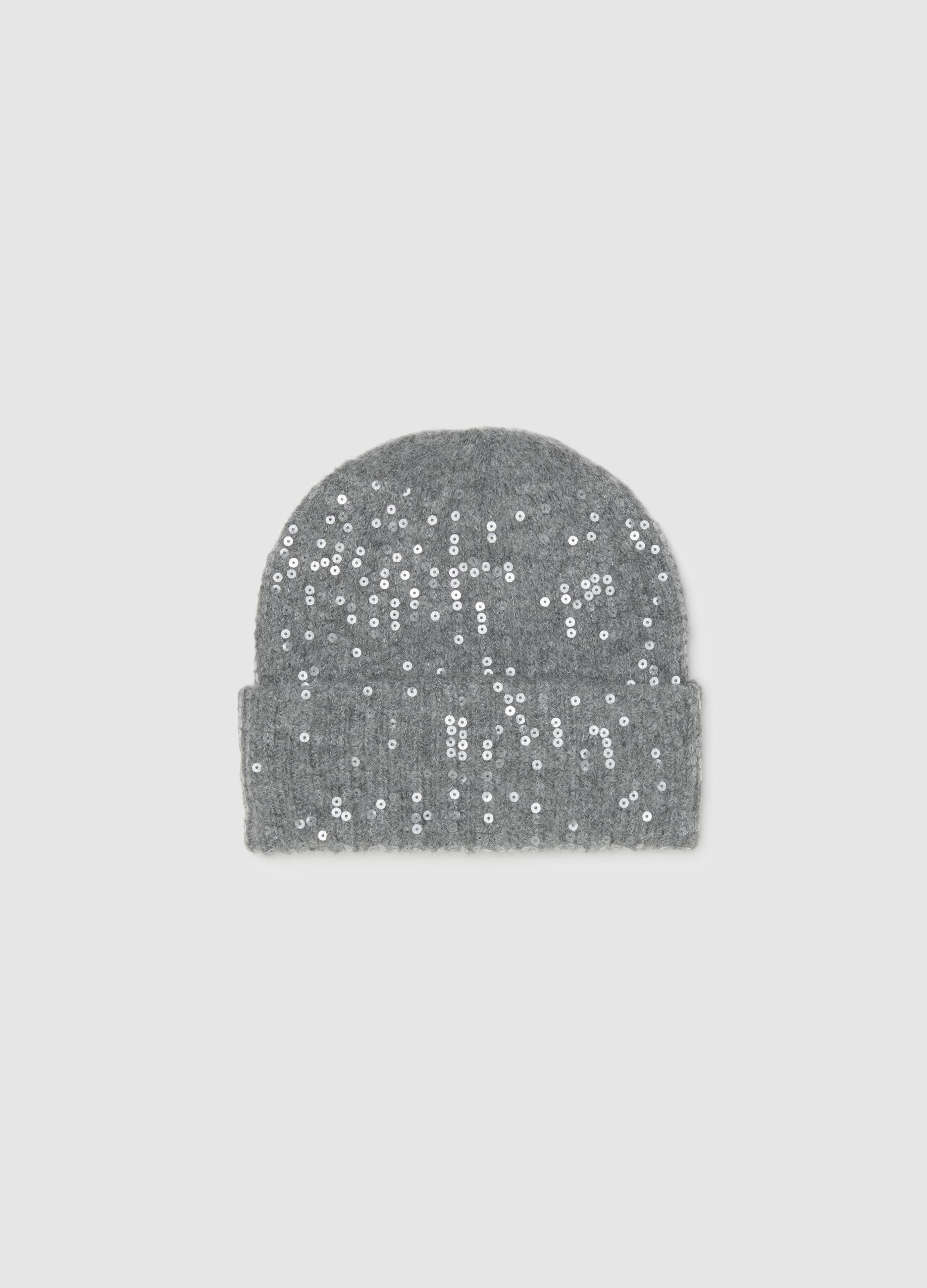 Grey jersey knit hat with sequins