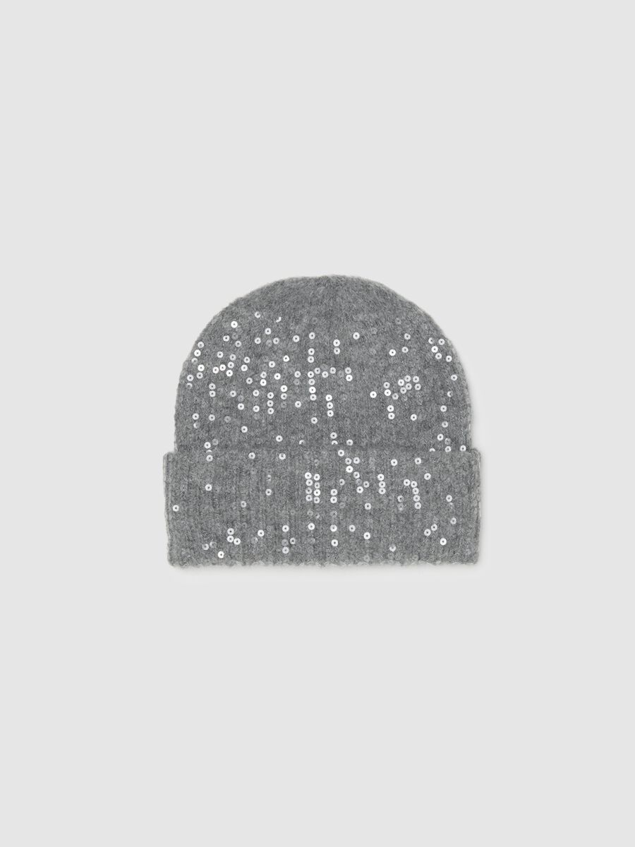 Grey jersey knit hat with sequins_0