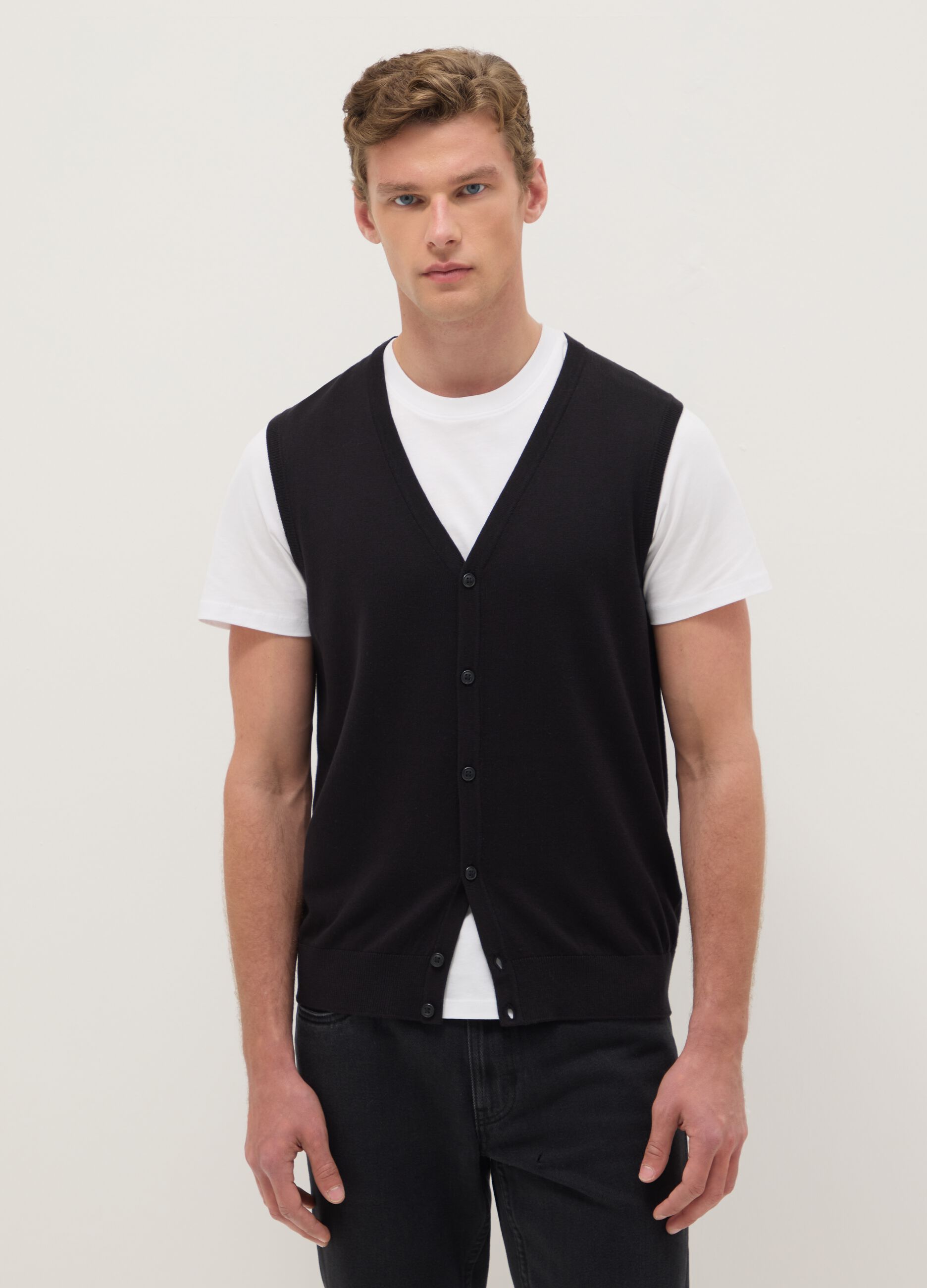 Black deep V cotton blend waistcoat regular fit with buttons