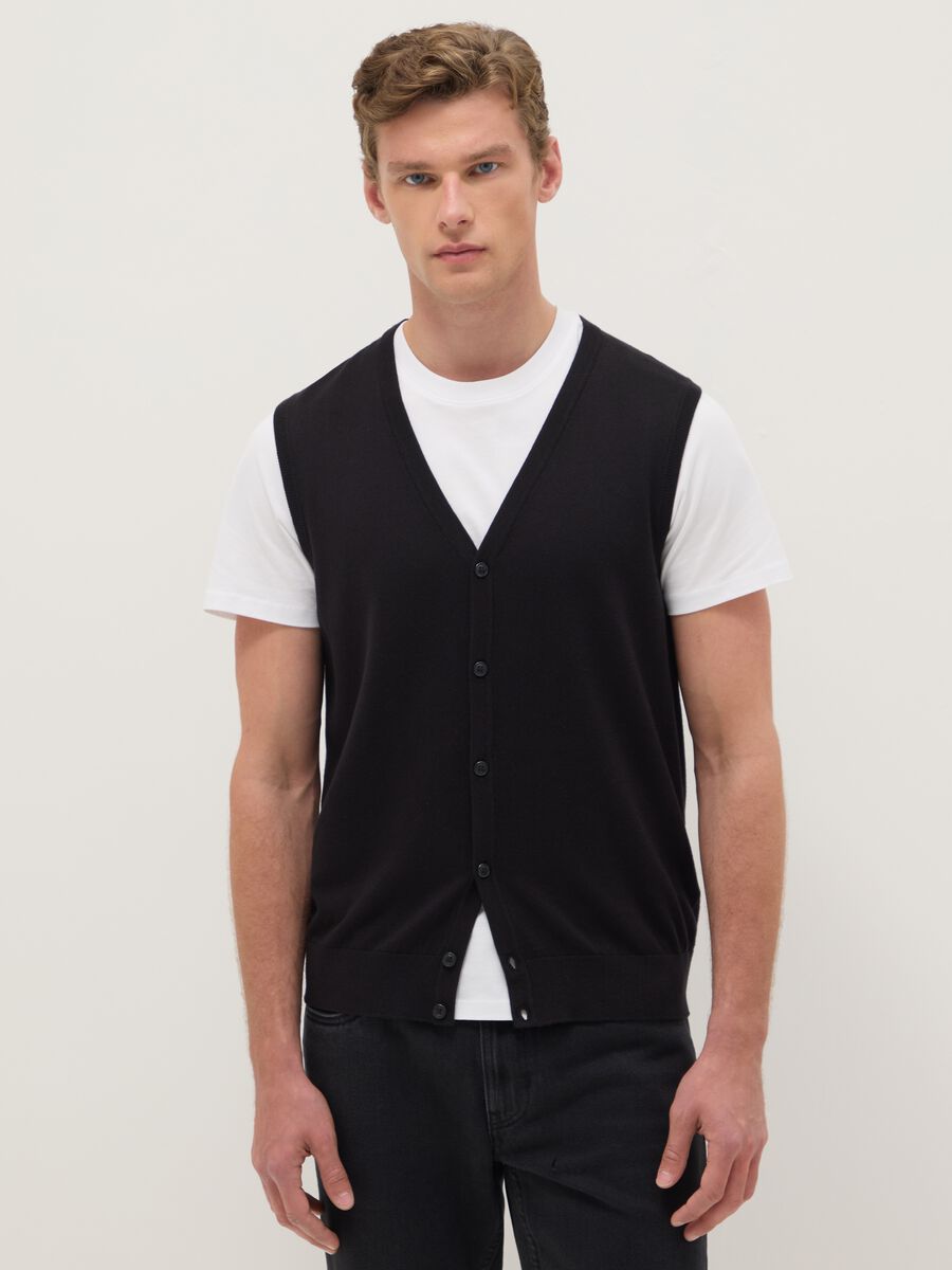 Black deep V cotton blend waistcoat regular fit with buttons_0