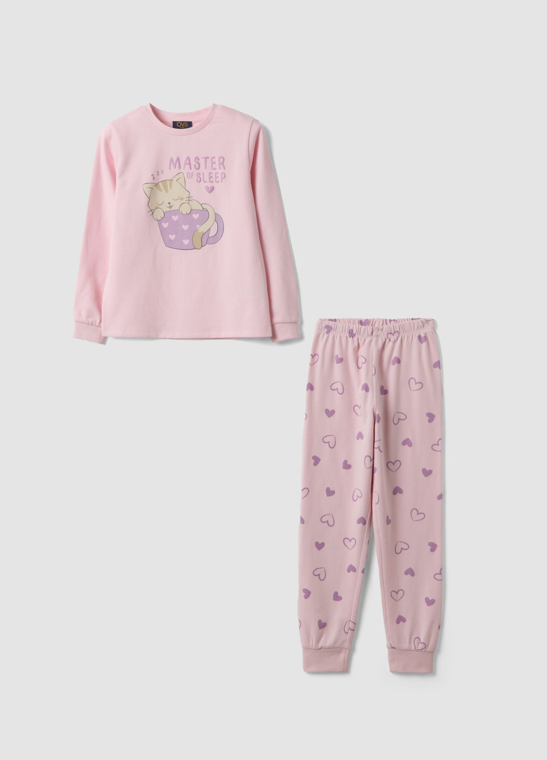 Pastel pink pure organic cotton pyjamas with kitten