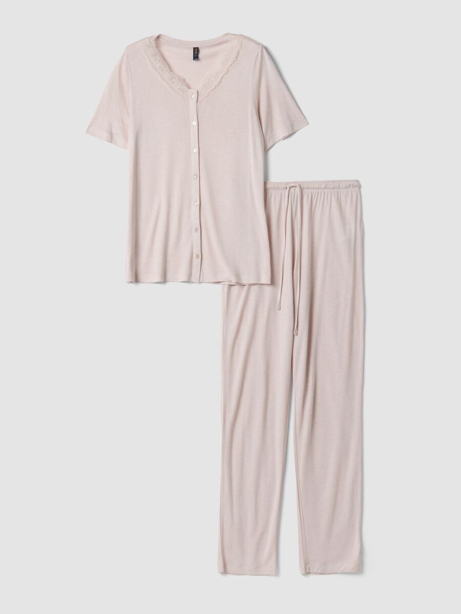 Pink pure viscose pyjama with lace V-neck, regular fit_4