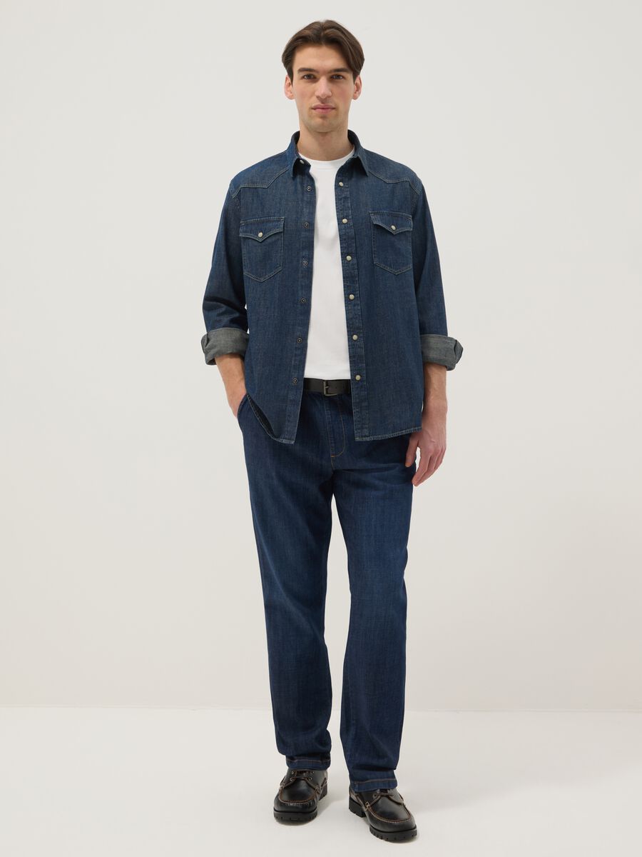 Blue pure cotton denim shirt regular fit with pockets_1