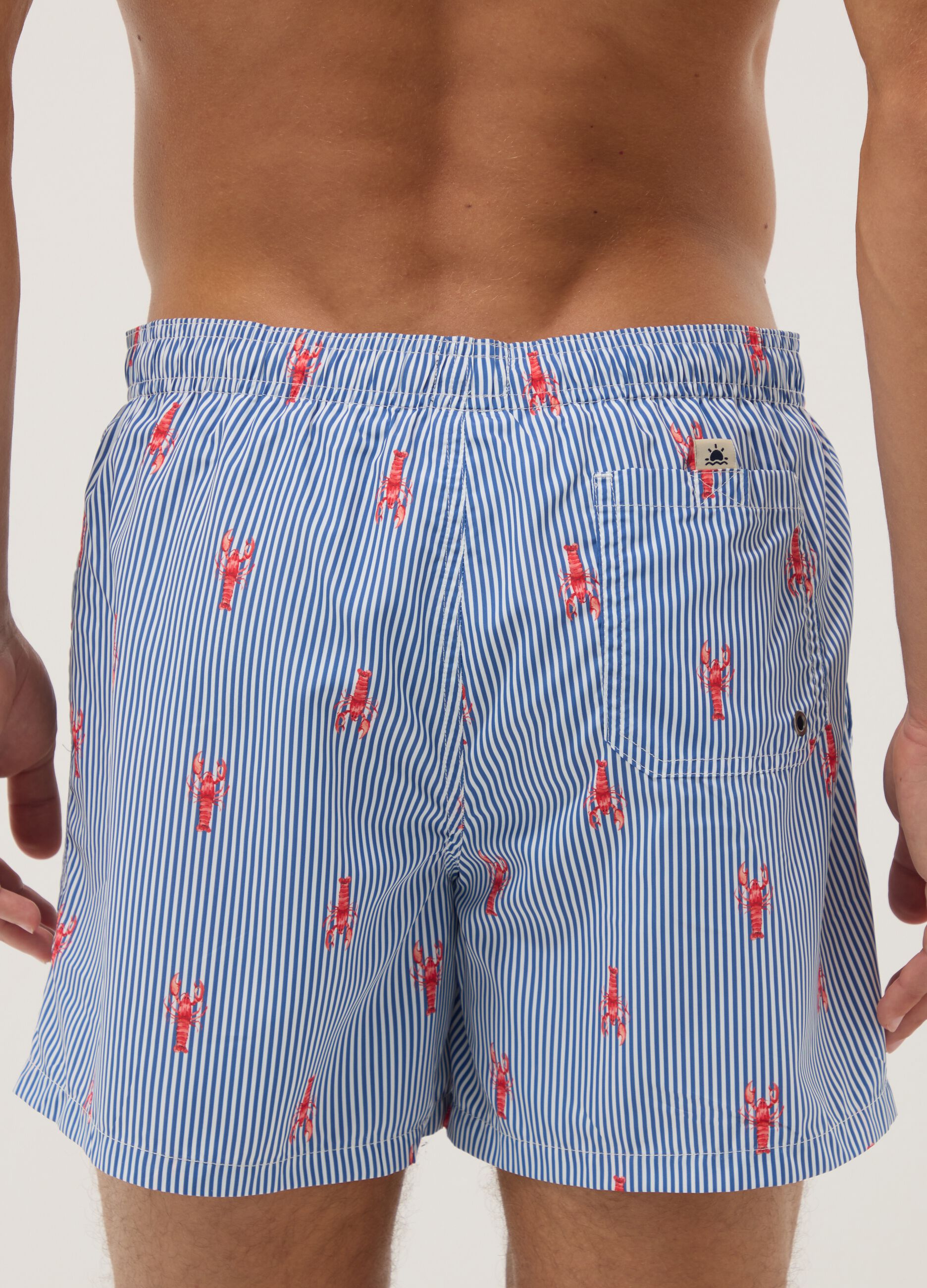 Boxer mare blu a righe con stampa aragoste