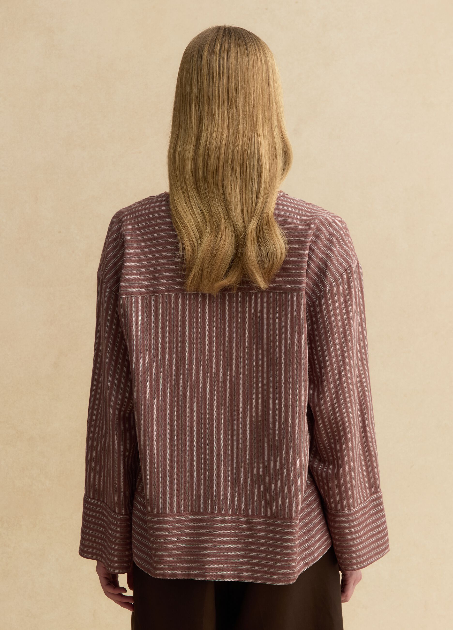Regular fit multicolour striped linen-blend shirt with a Mandarin collar