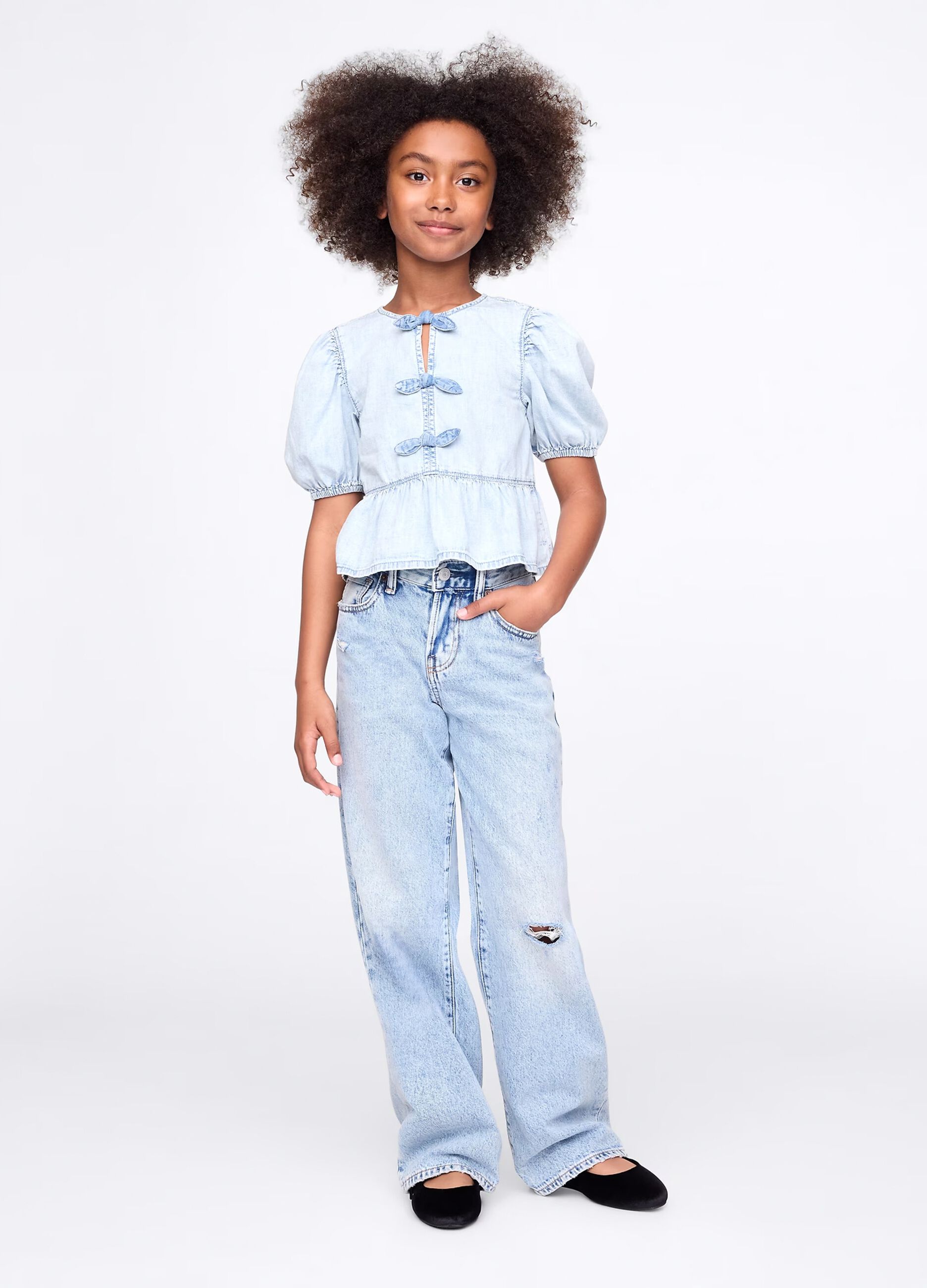 Denim shirt in cotton with bows
