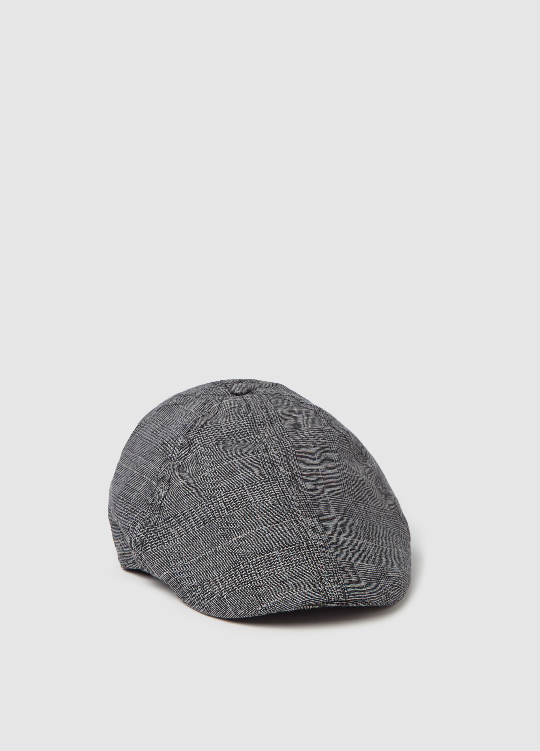 Linen flat cap with check pattern