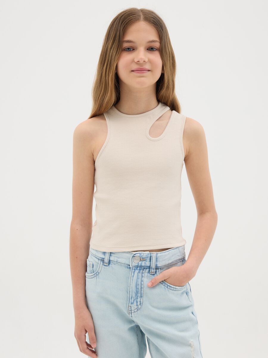 Tank top bianca a costine con dettaglio cut-out _0