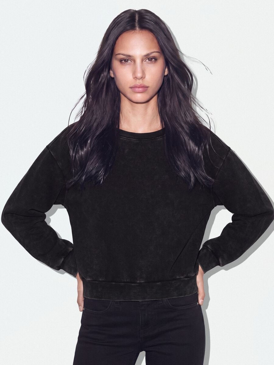Black cotton-blend sweatshirt with boat neckline_0