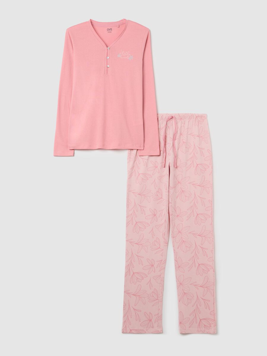 Pink cotton pyjamas with granddad neckline and print_4