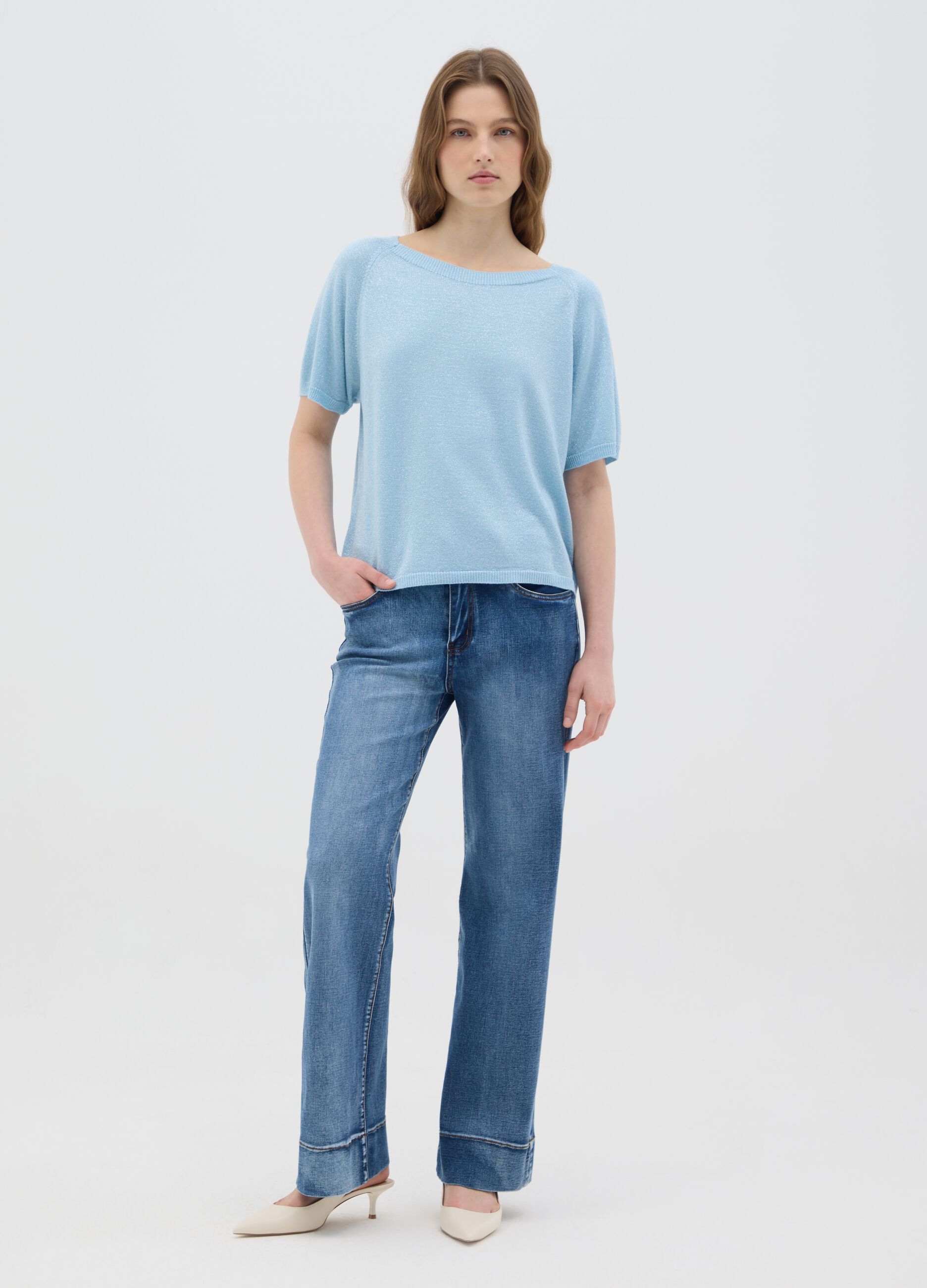 Women's blue viscose regular fit top with boat neckline