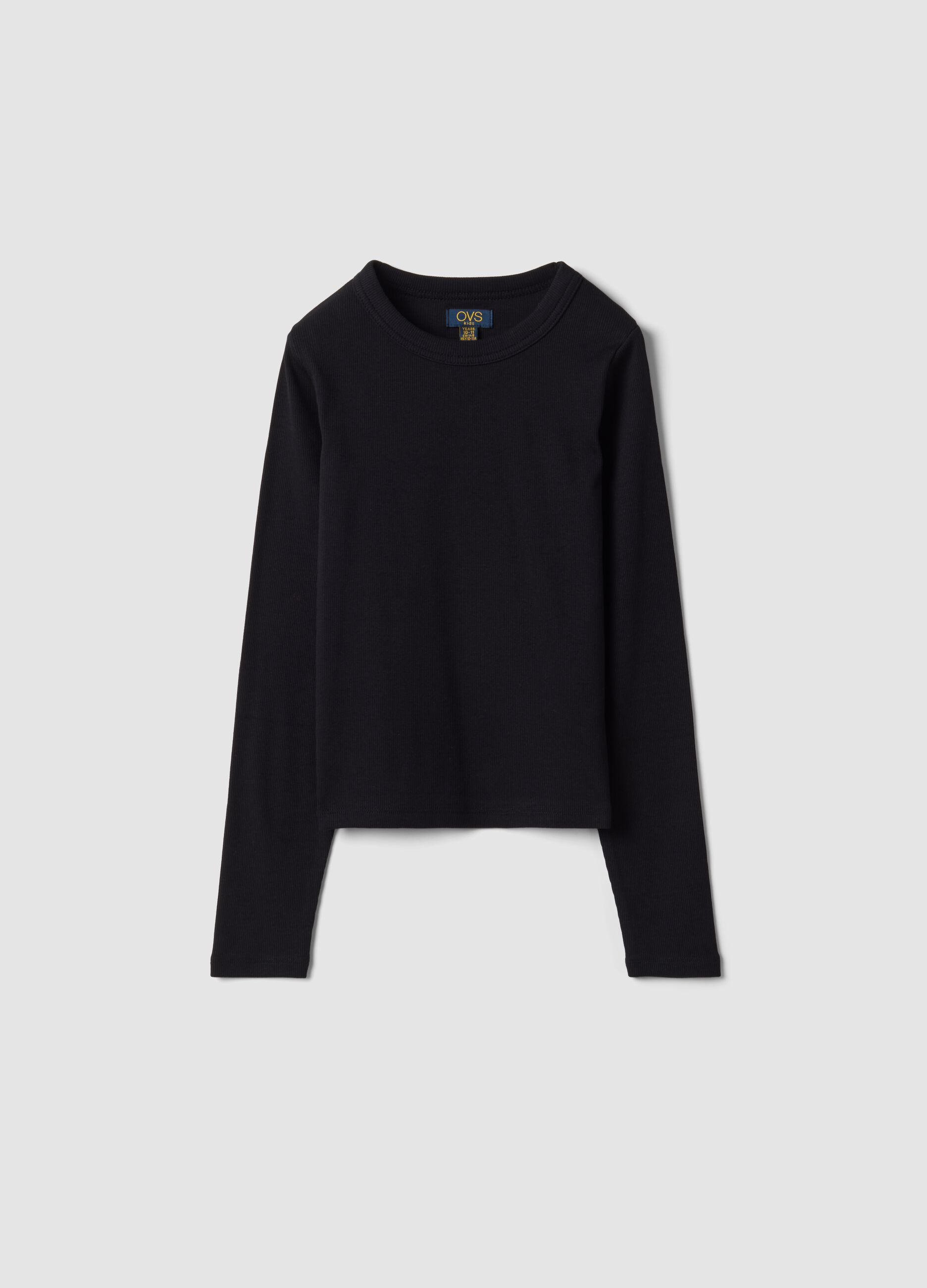 Black stretch organic cotton T-shirt with ribbed neckline